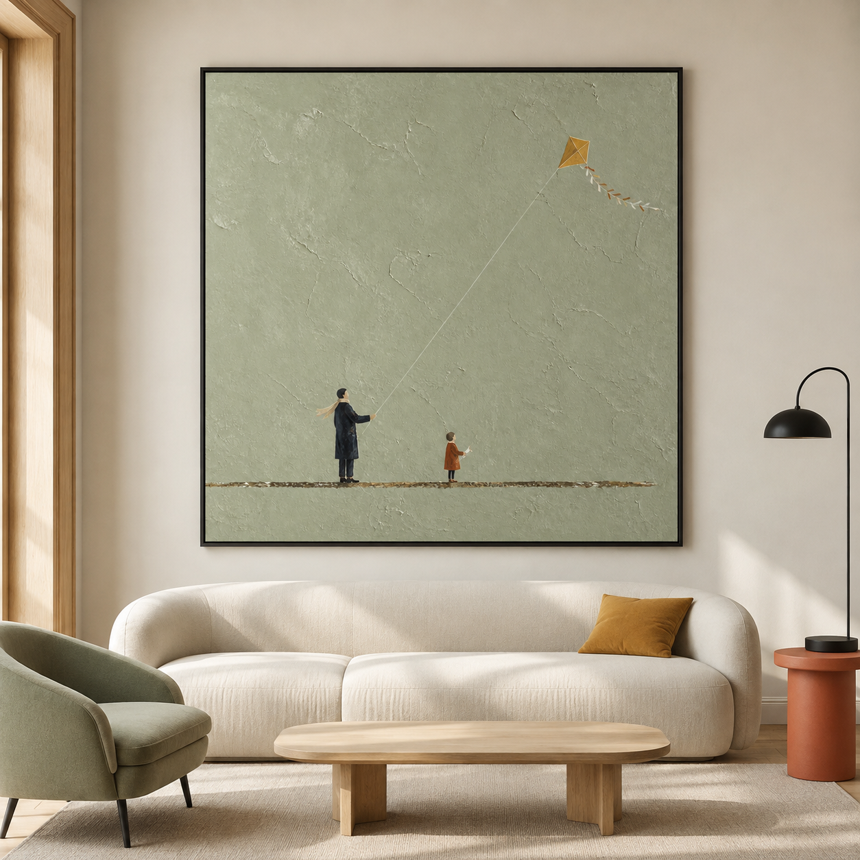 Flying Dreams - Father & Child Flying Kite Sage Green Impasto Canvas