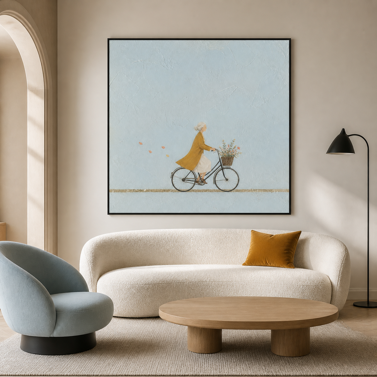 Autumn Breeze - Woman Riding Bicycle with Flowers Sky Blue Canvas