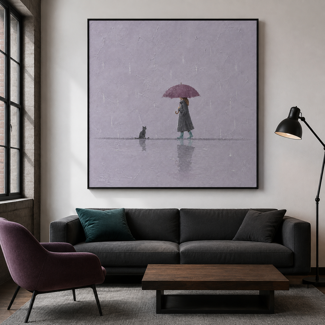 Rainy Serenity - Woman with Umbrella & Black Cat Dusty Purple Canvas