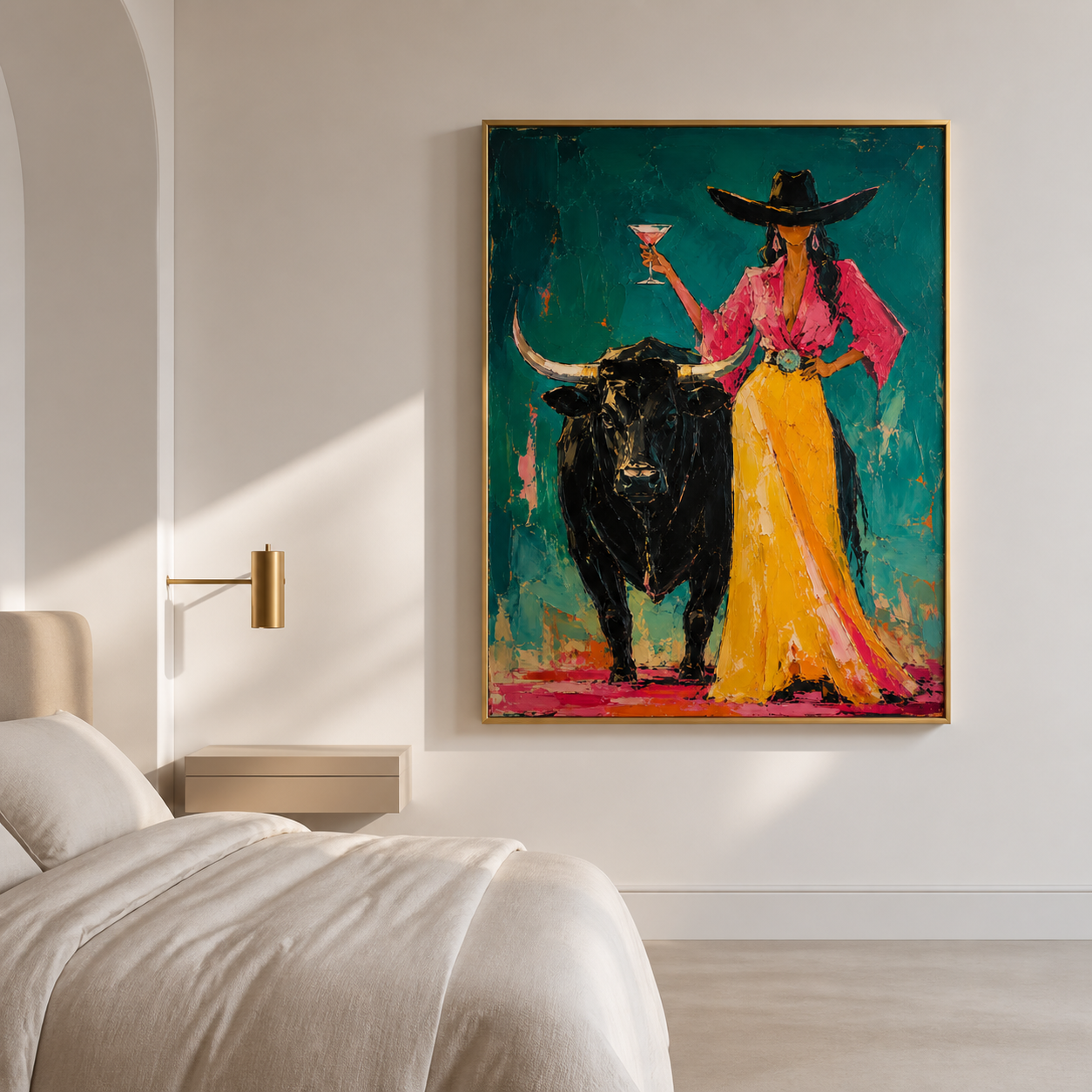 Bold Spirit - Cowgirl with Glass & Black Bull Textured Painting