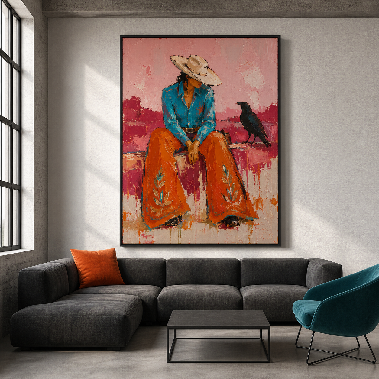 Desert Solitude - Cowgirl with Black Raven Textured Painting