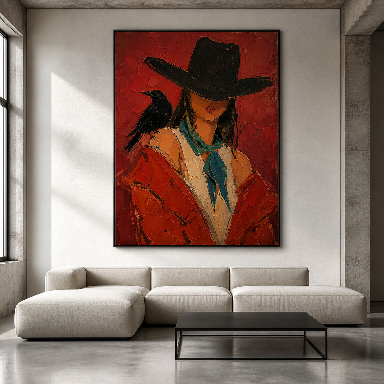 Crimson Shadow - Mysterious Cowgirl & Raven Portrait Textured Painting