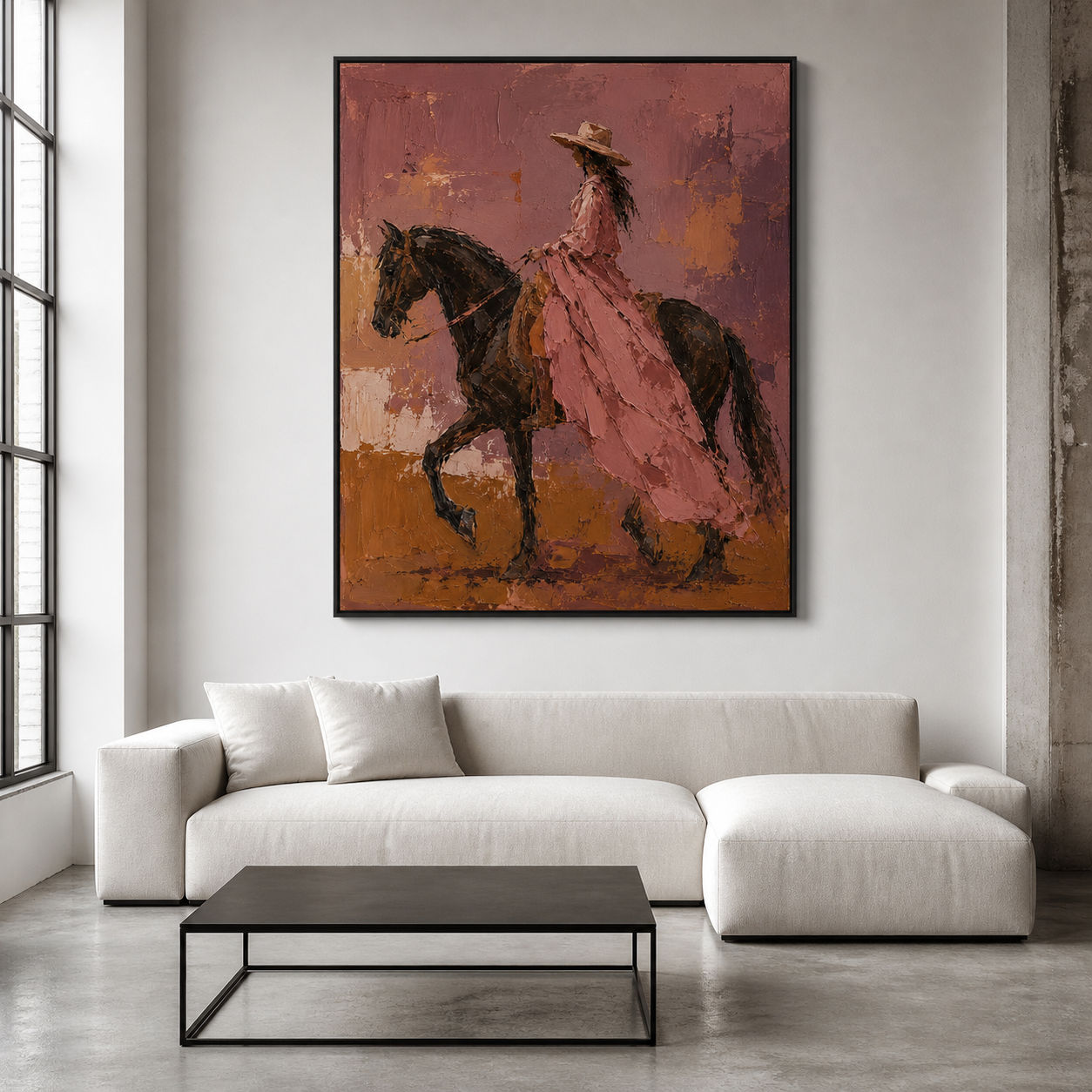 Dusty Rose Gallop - Cowgirl in Pink Dress on Horseback Textured Painting