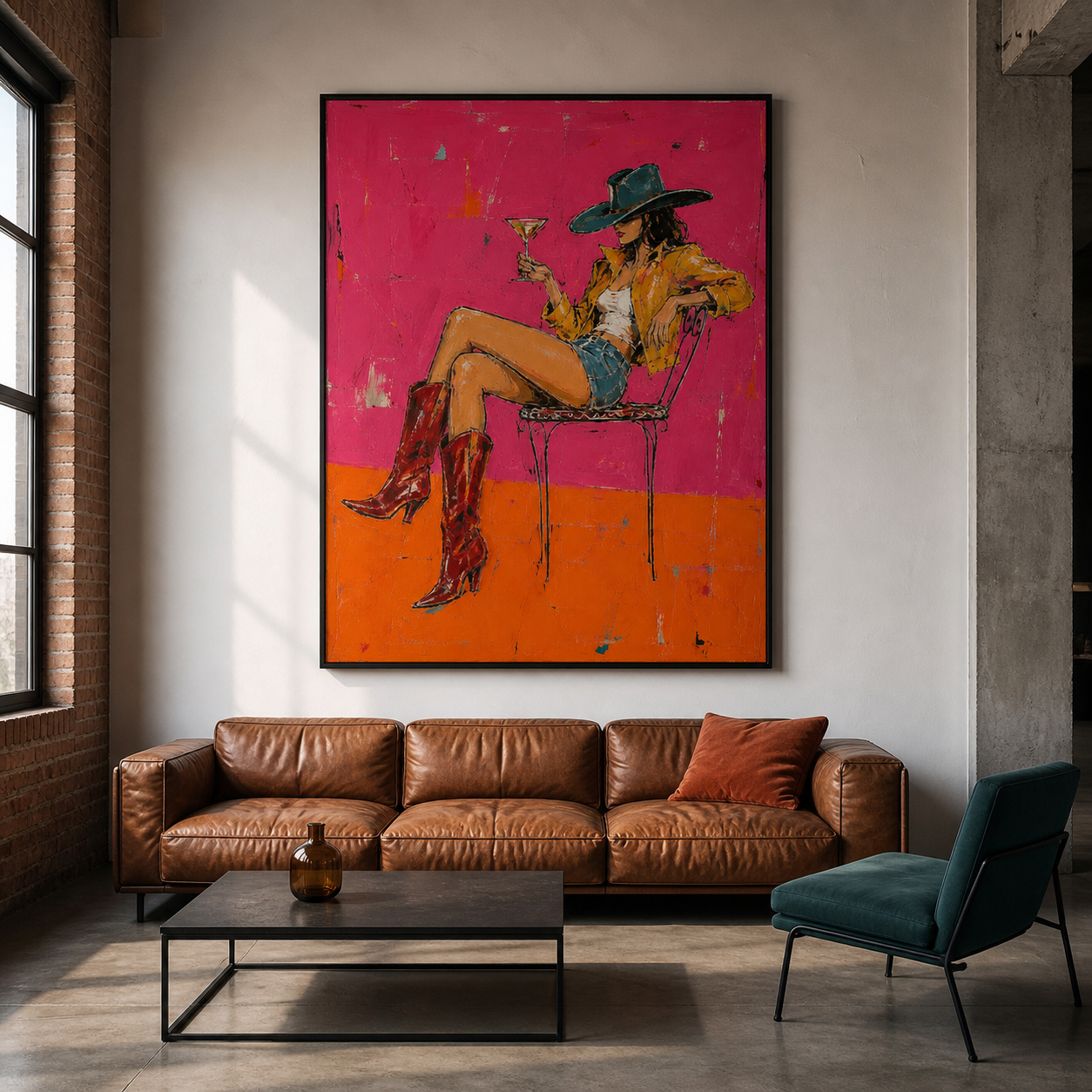 Neon Western Chic - Cowgirl with Cocktail Textured Painting