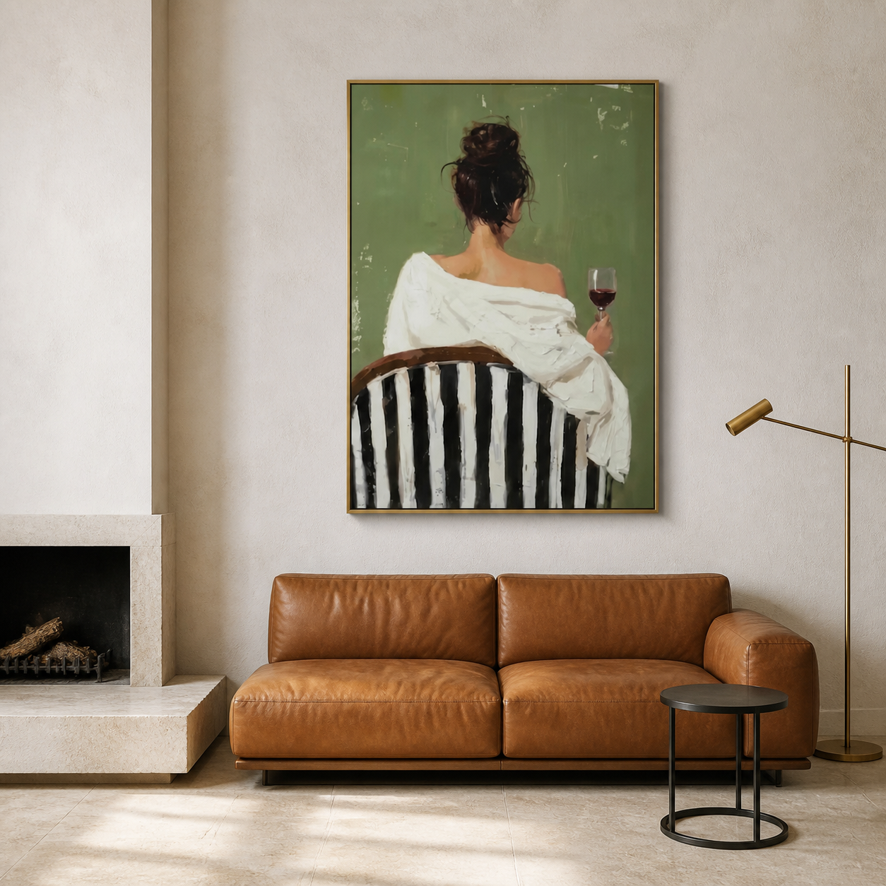 Velvet Lounge - Modern Woman with Red Wine on Striped Chair Painting