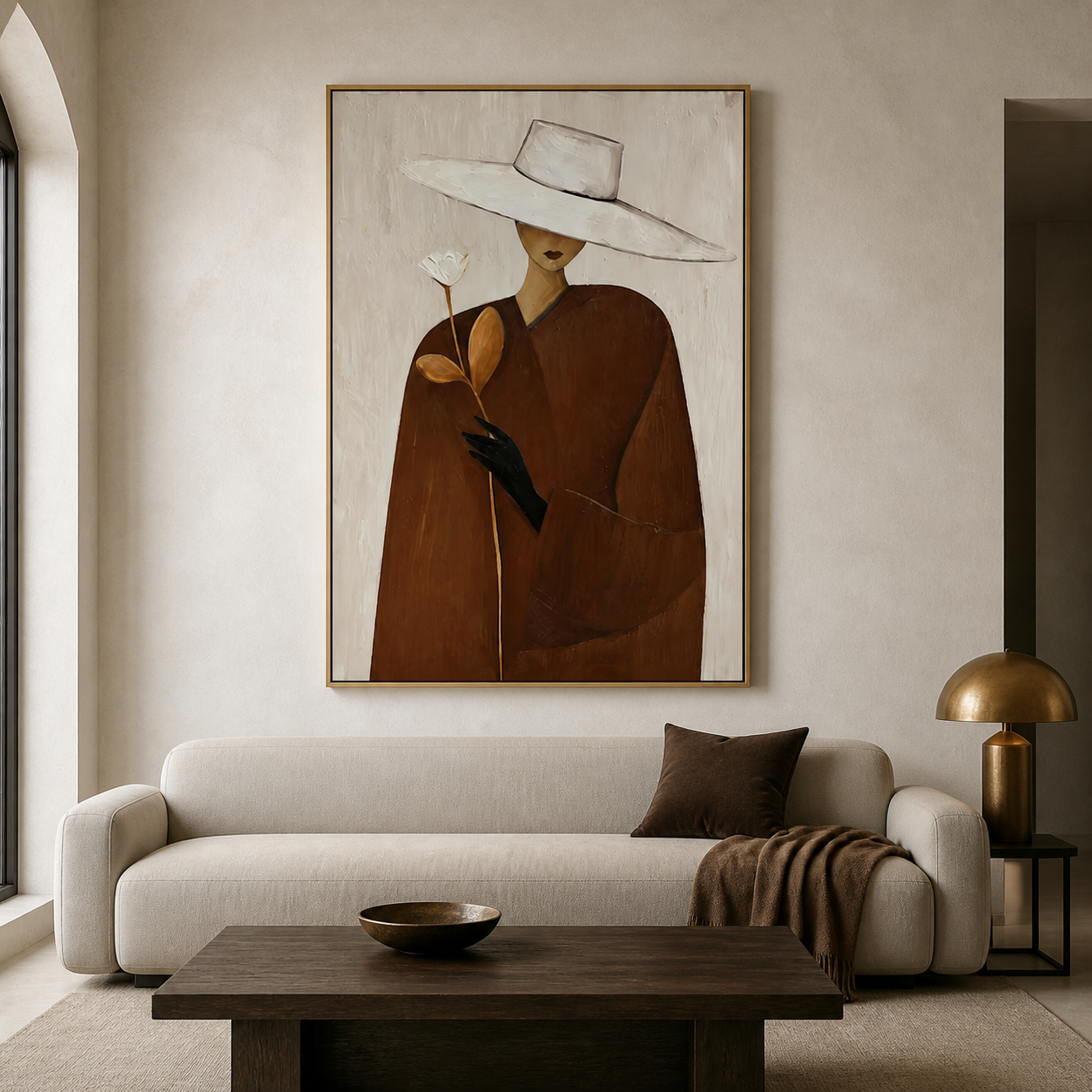 White Rose Romance - Brown Trench Coat Lady with Hat Oil Painting