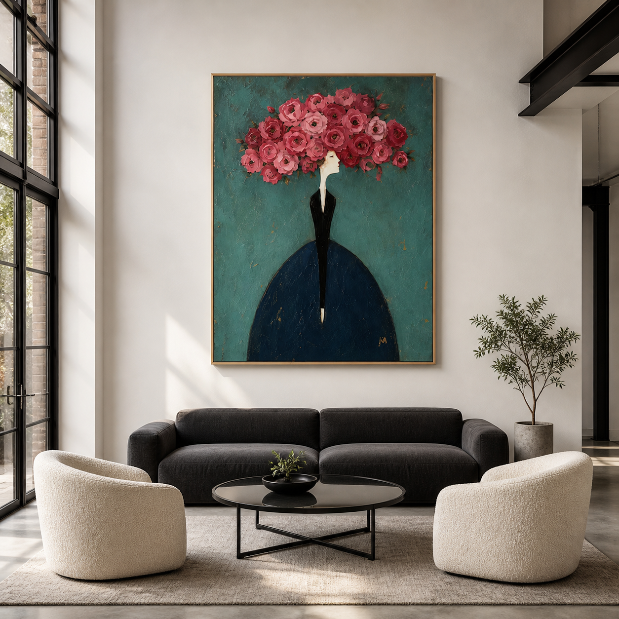 Flora Elegance - High Fashion Woman with Peony Crown Impasto Painting