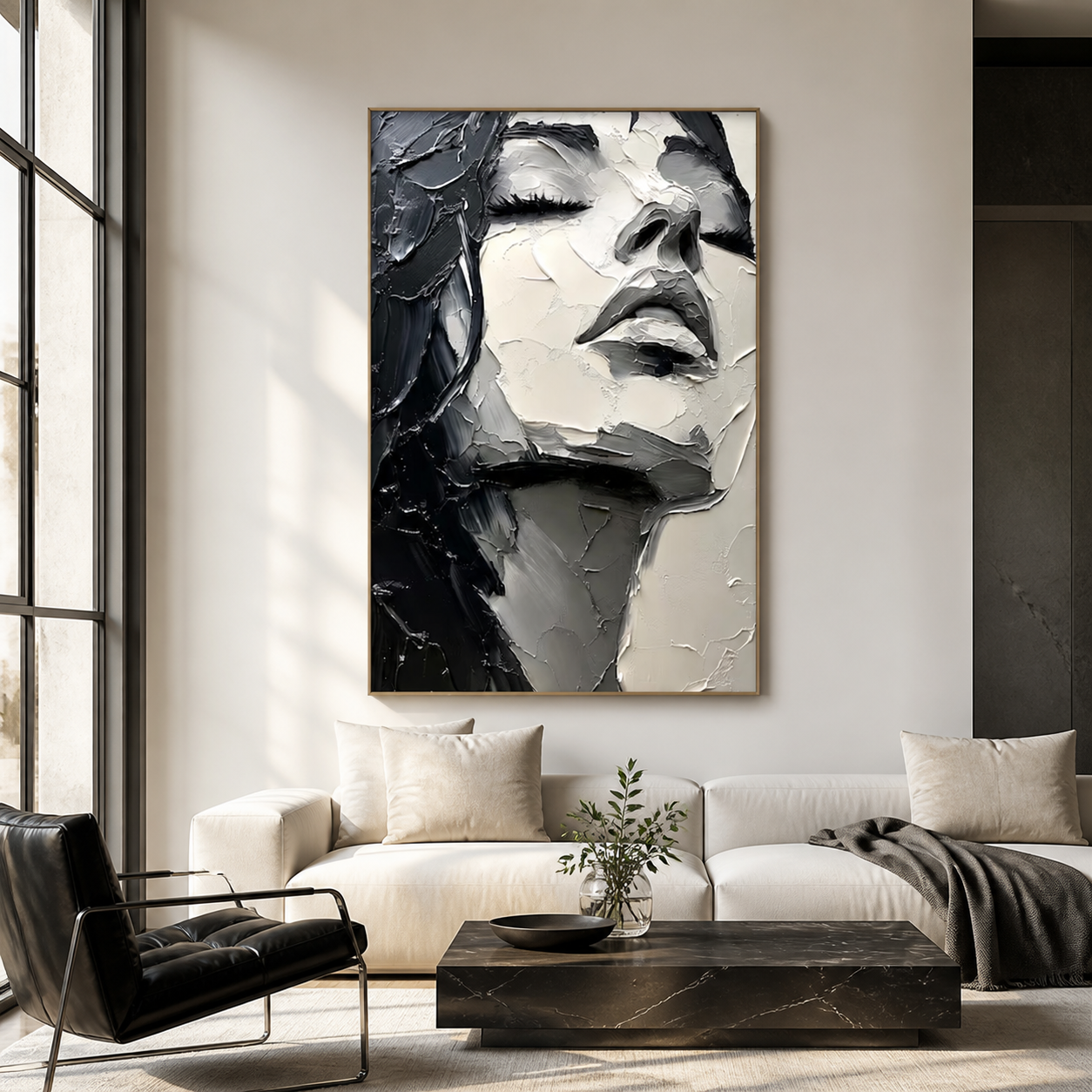 Sculptural Serenity - Heavy Impasto Black & White Woman Face Canvas