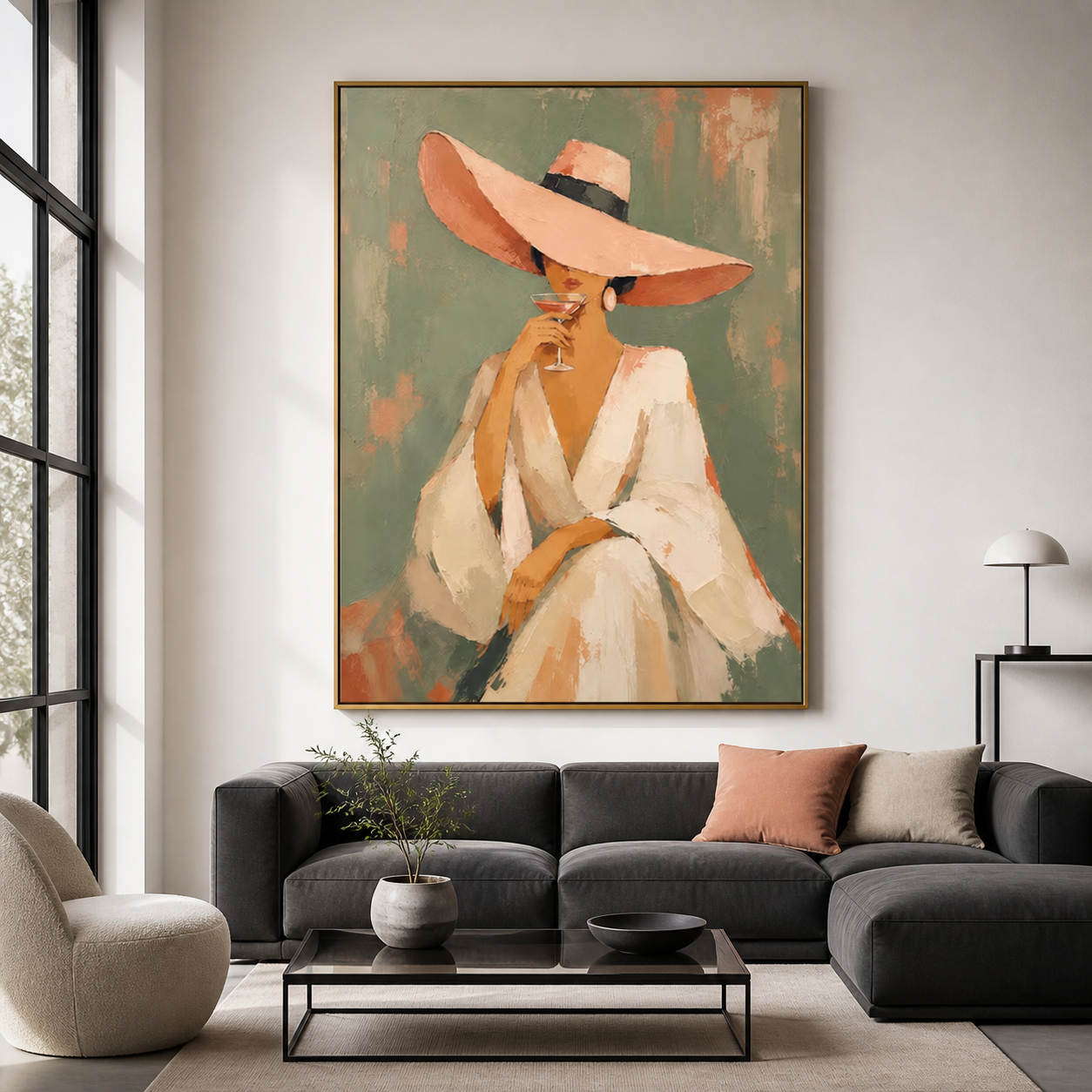 Emerald Lounge - Pink Hat & Cocktail Impressionist Canvas