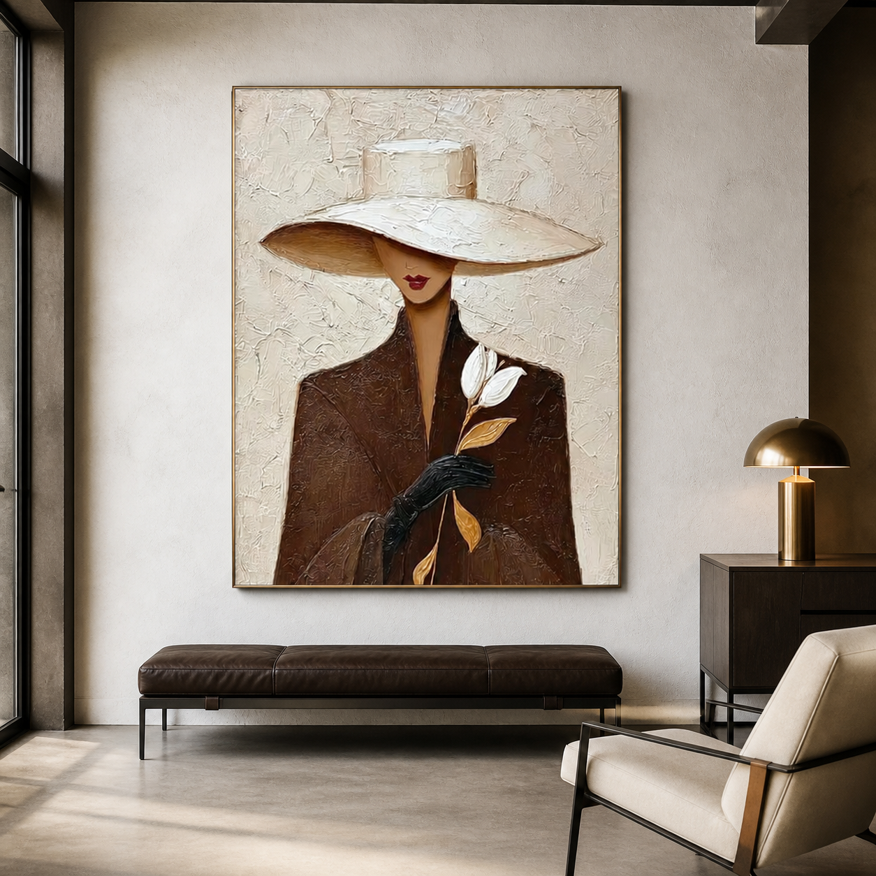 White Rose Romance - Brown Trench Coat Lady with Hat Oil Painting