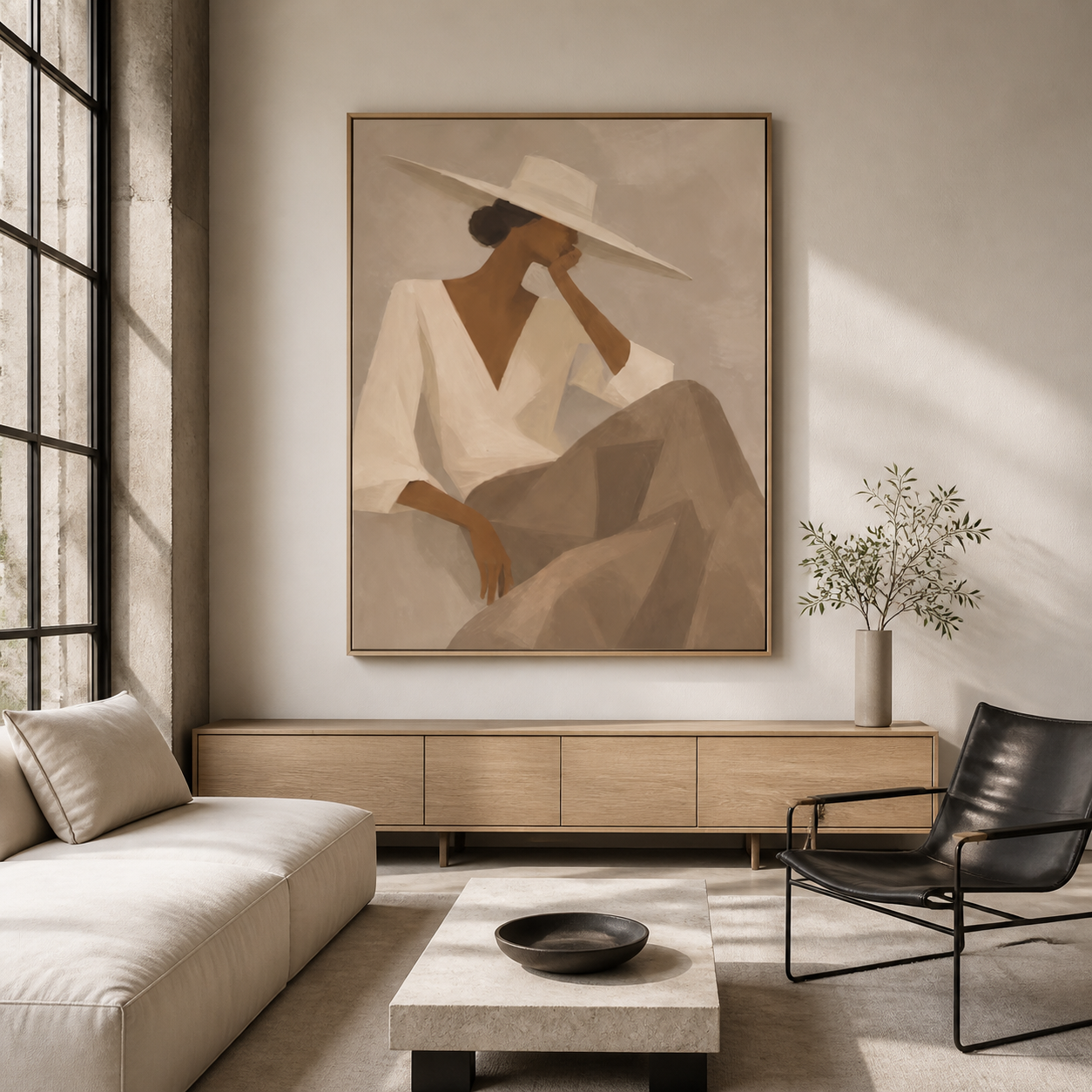 Tuscan Breeze - Minimalist Seated Woman in White V-Neck Canvas