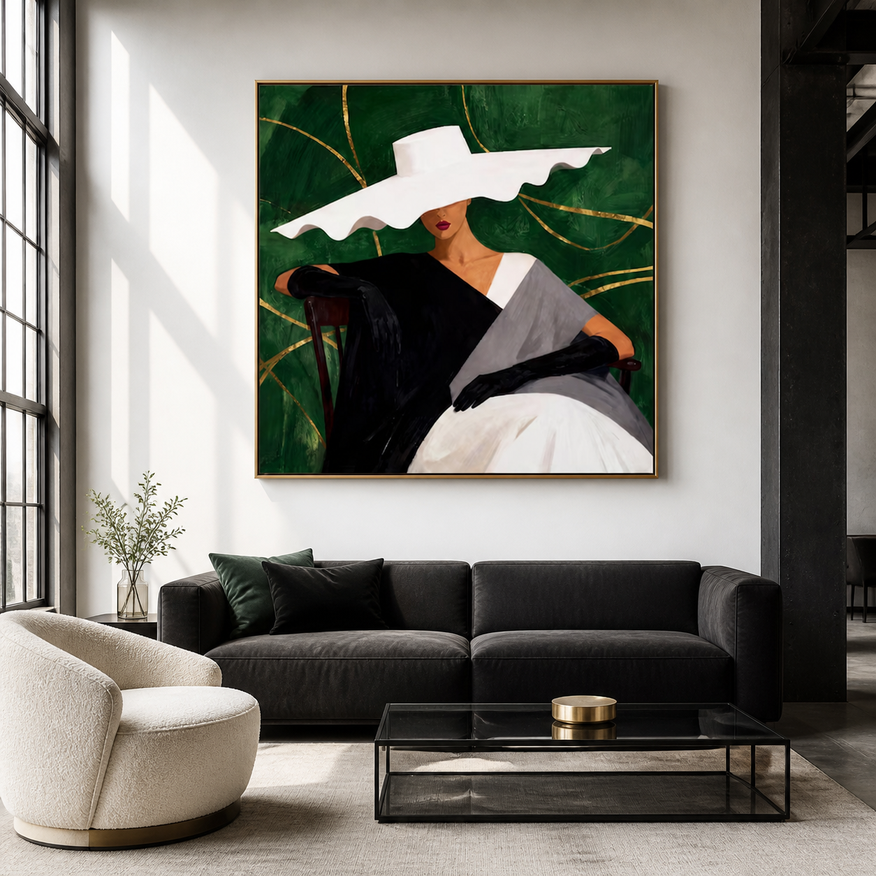 Emerald Empress - Wavy White Hat & Gold Foliage Canvas