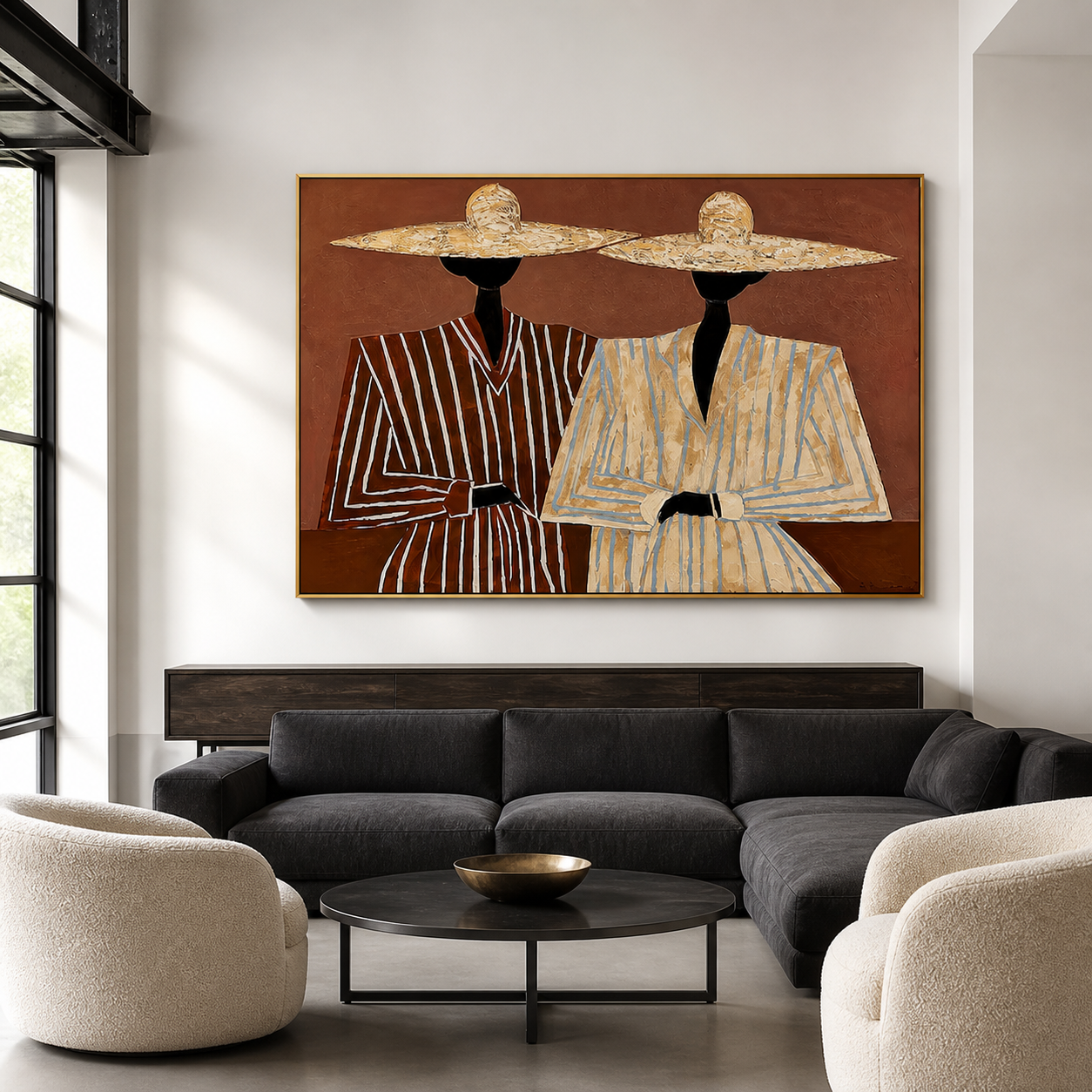 Desert Chic - Modern Straw Hat & Striped Suit Duo Canvas