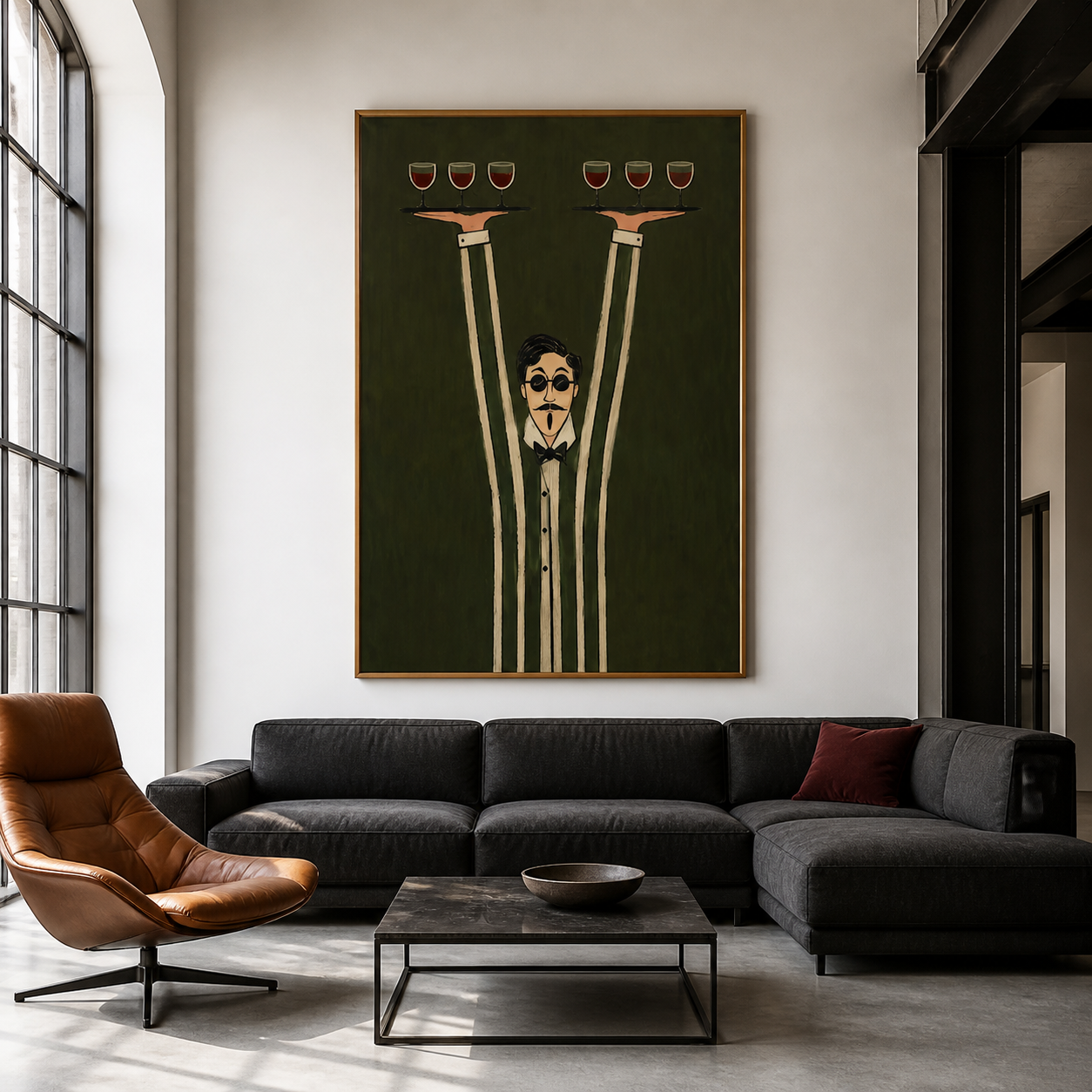 Grand Concierge - Whimsical Tall Waiter with Red Wine Canvas