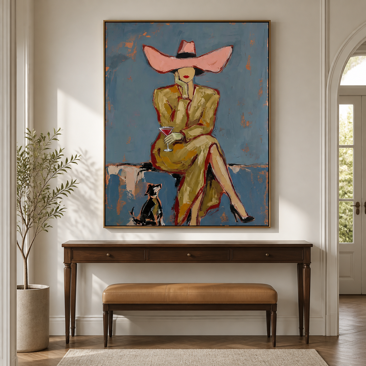 Parisian Afternoon - Elegant Lady with Martini & Dachshund Oil Painting