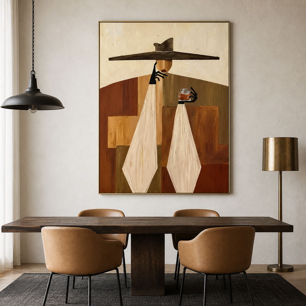Terracotta Harmony - Geometric Earth Tones Lady with Cocktail Painting