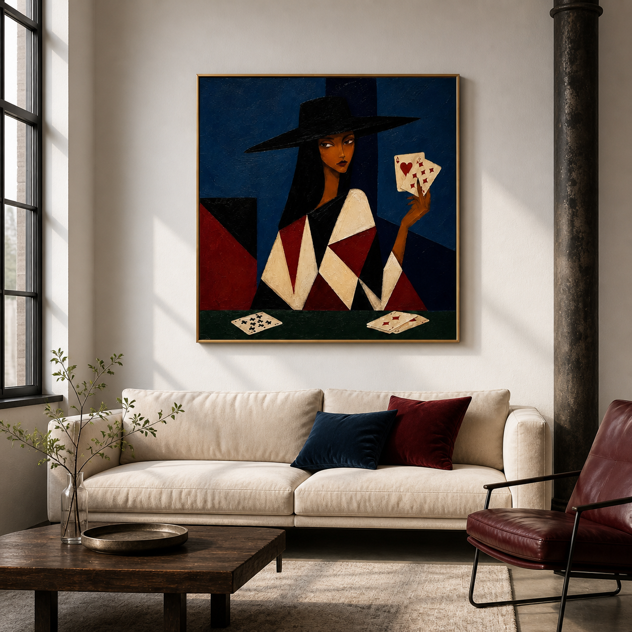 Queen of Hearts - Cubist Lady with Playing Cards Oil Painting