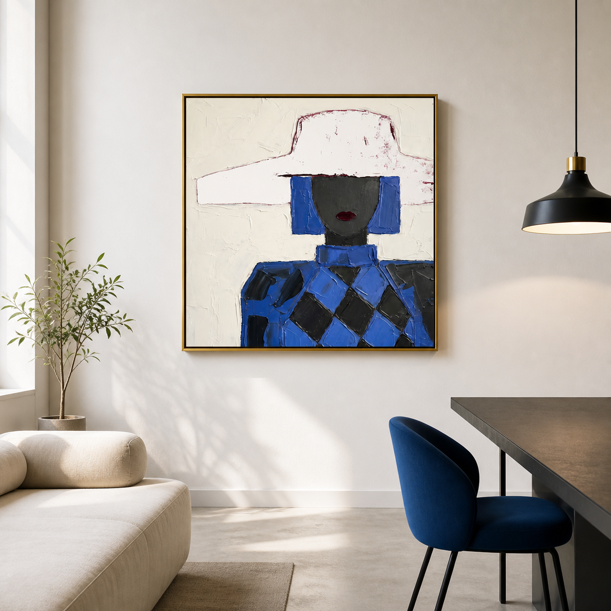 Cobalt Avant-Garde - Blue Diamond Pattern & White Hat Lady Painting