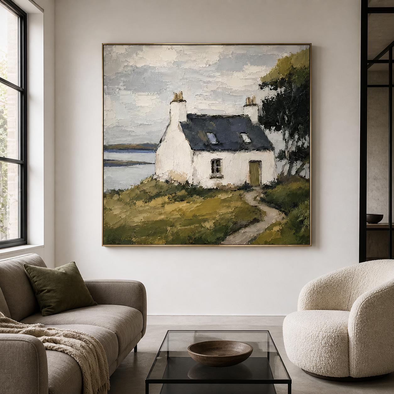 Highland Haven - Coastal White Cottage & Sea Impressionist Painting