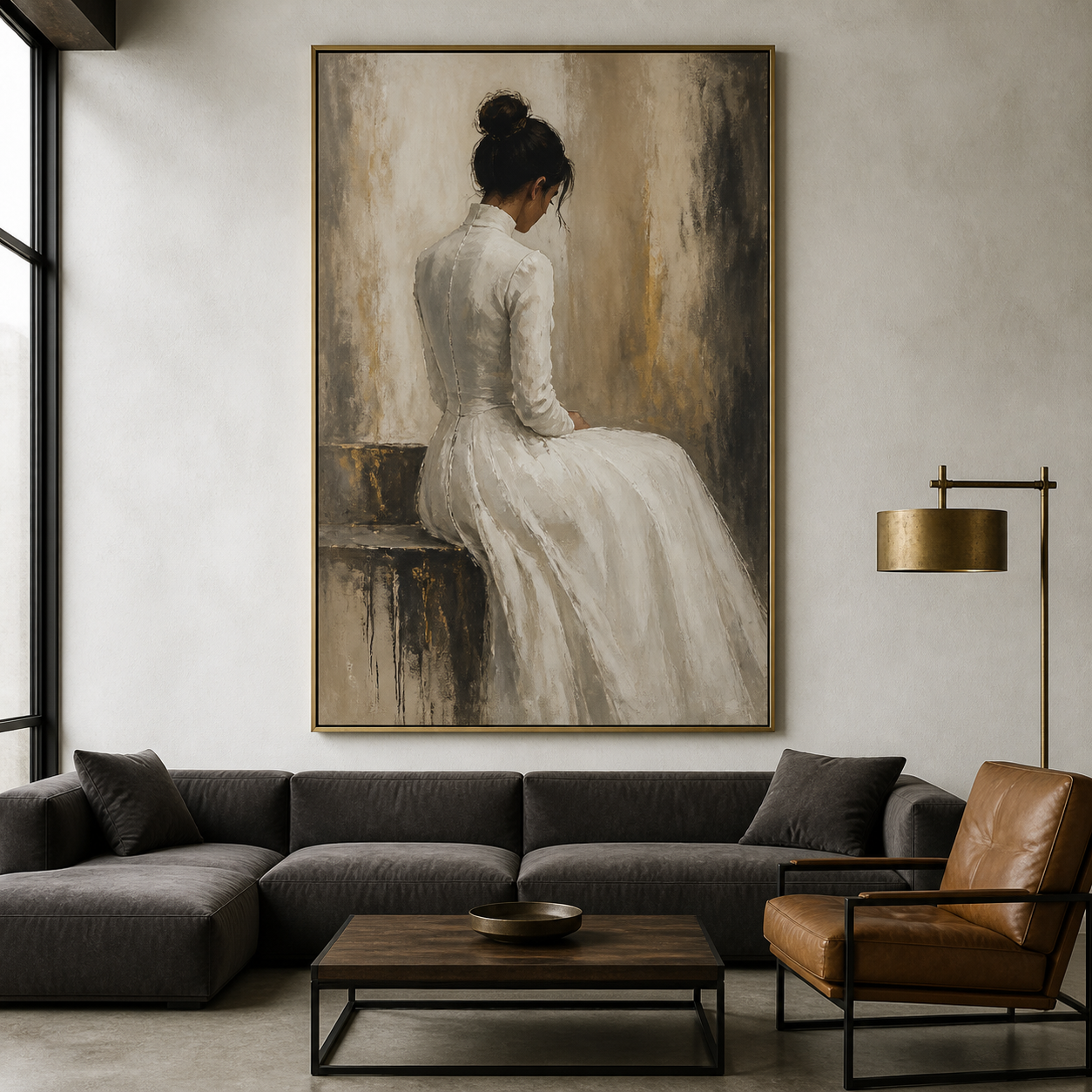 Golden Solitude - Elegant Woman in White Evening Dress Backview Oil Painting