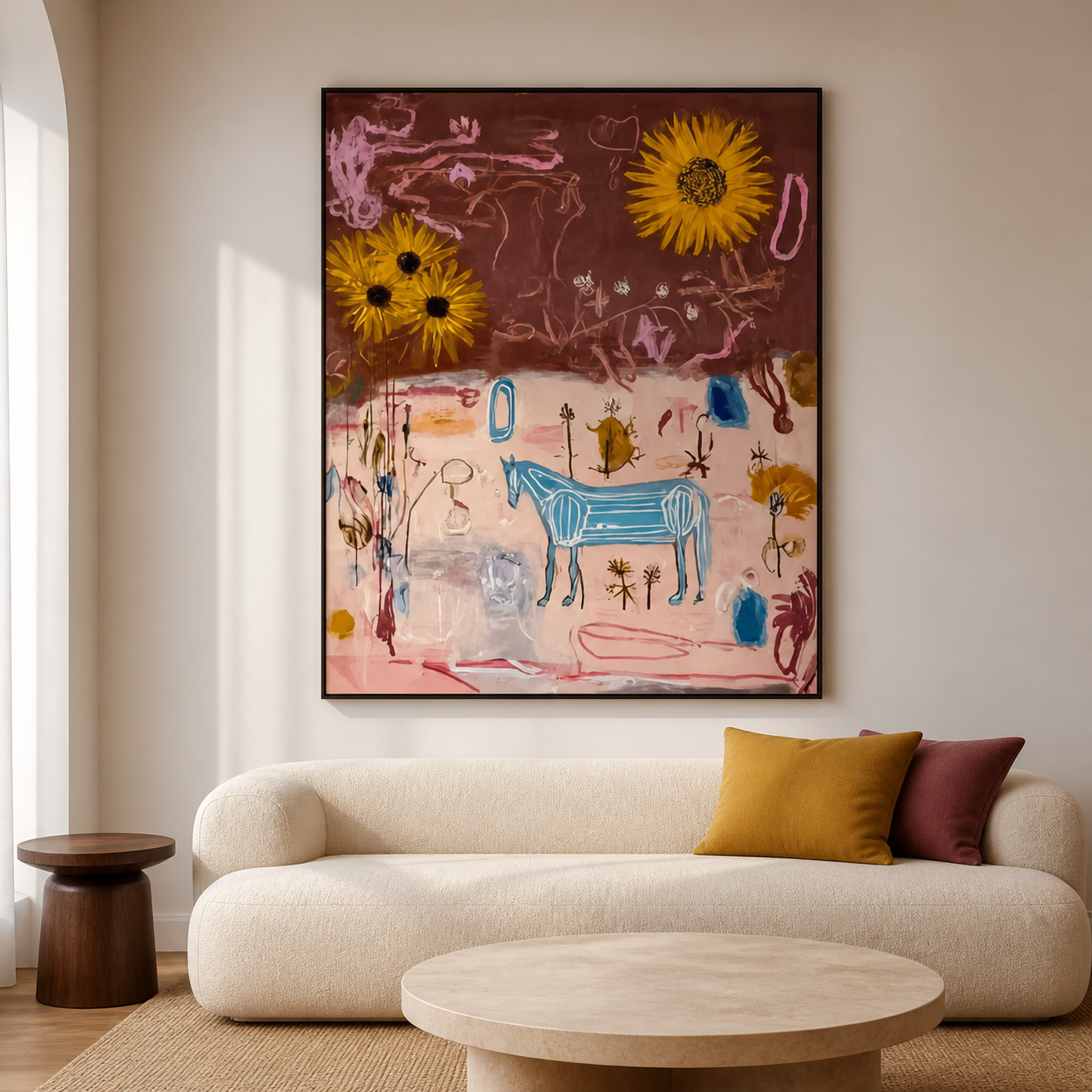 Wild Reverie - Abstract Blue Horse & Sunflower Mixed Media Painting