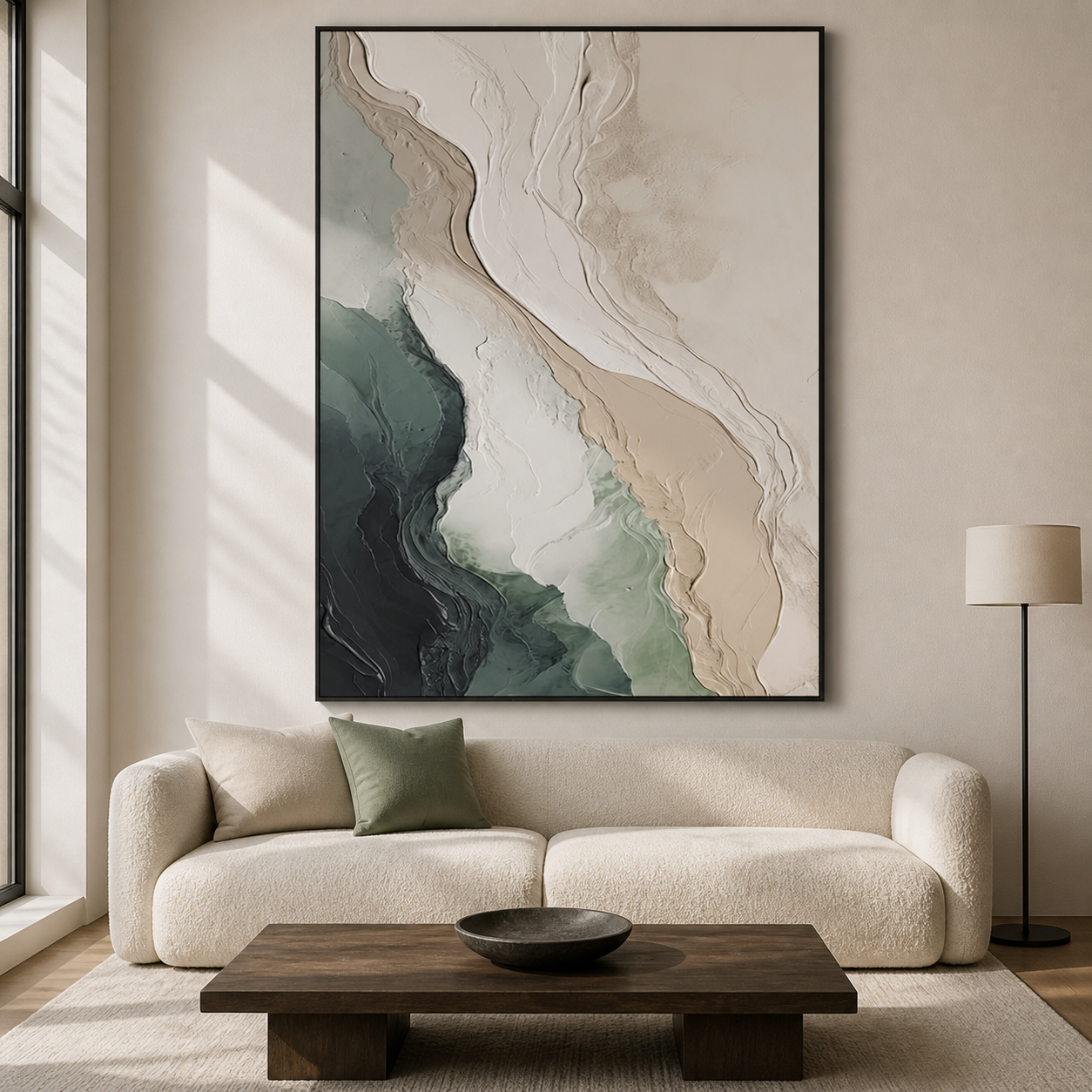 Earth & Ocean - Green & Cream Sculpted Coastal Texture Painting