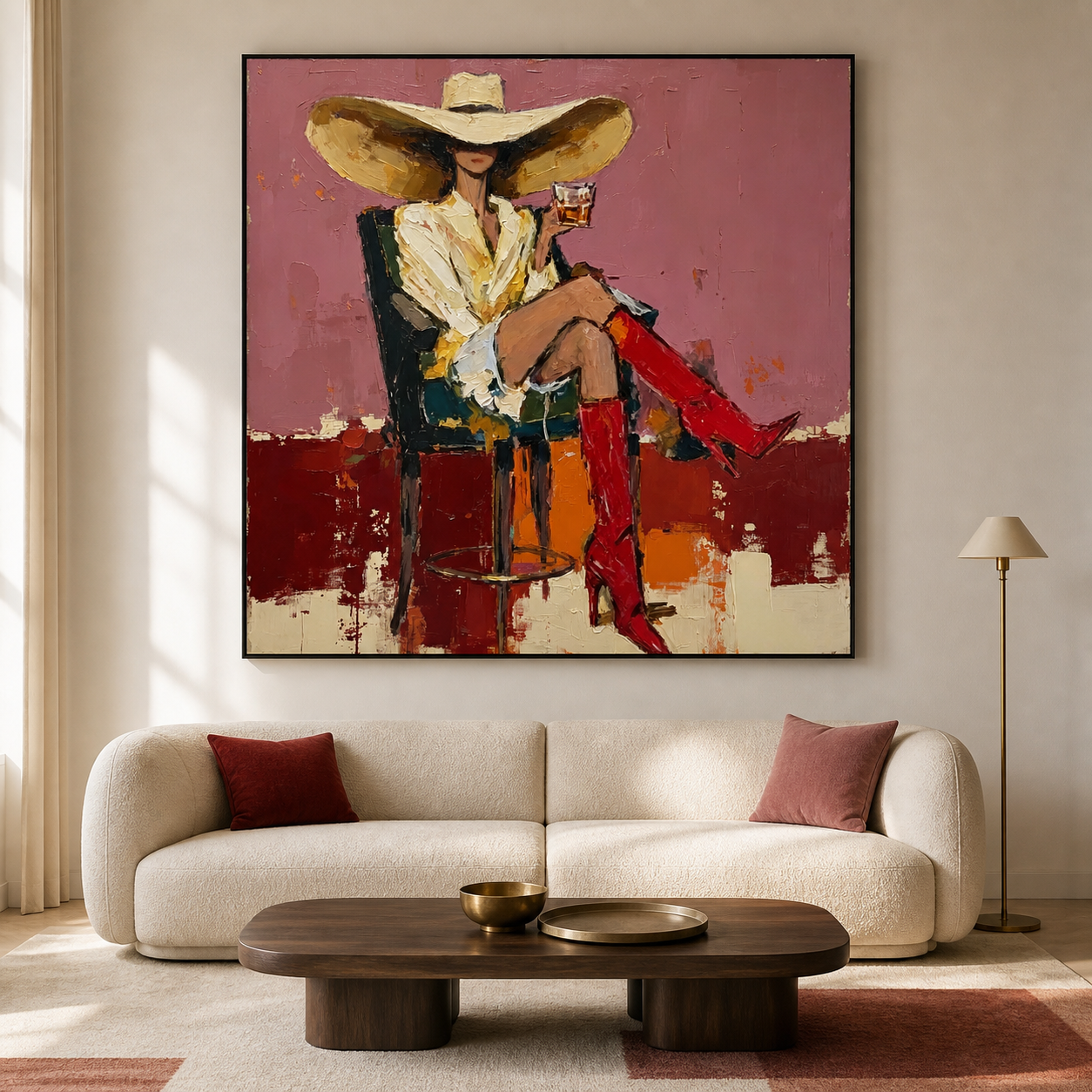 Crimson Stiletto - Chic Woman with Wide Brim Hat & Red Boots