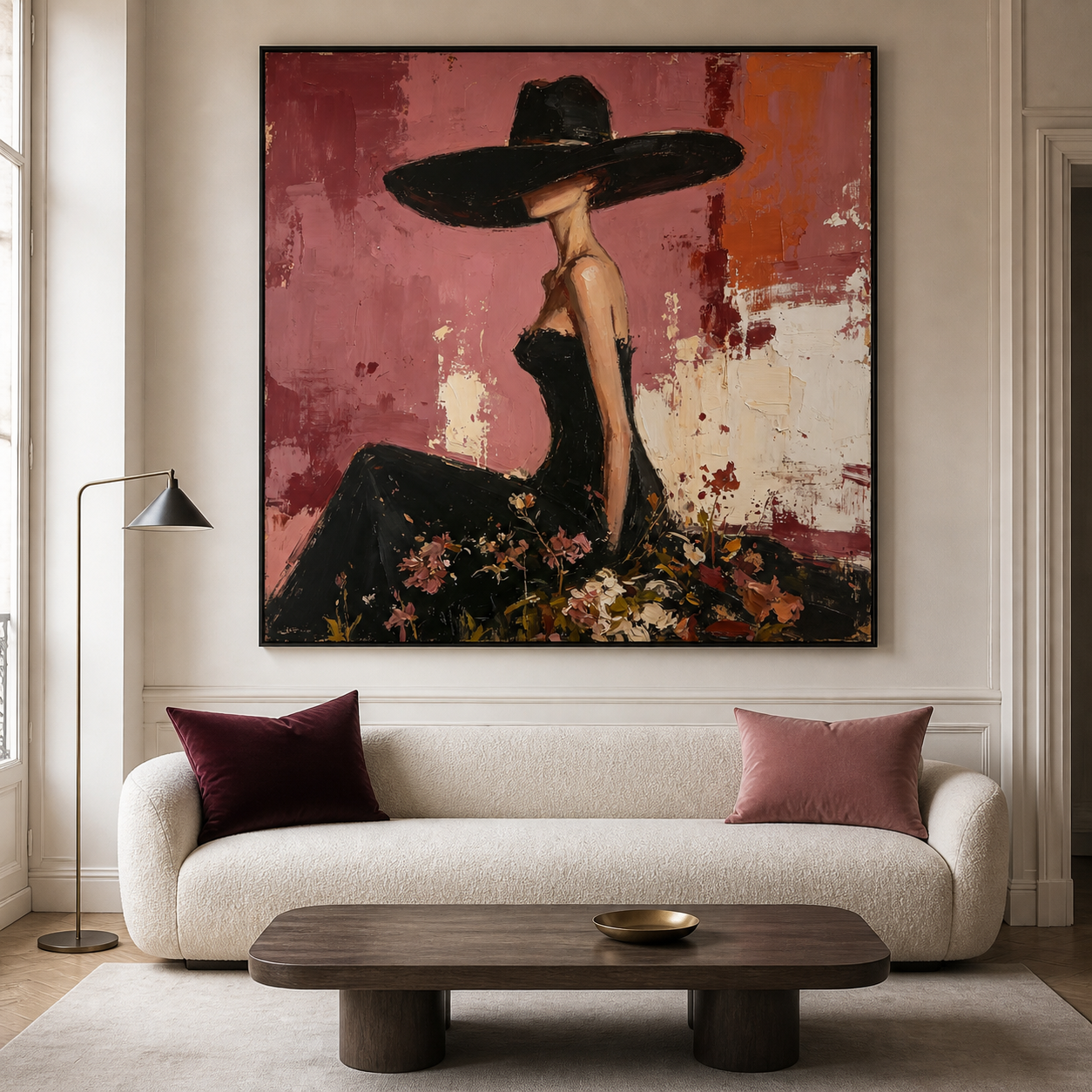 Velvet Night - Elegant Lady in Black Hat & Floral Gown Painting