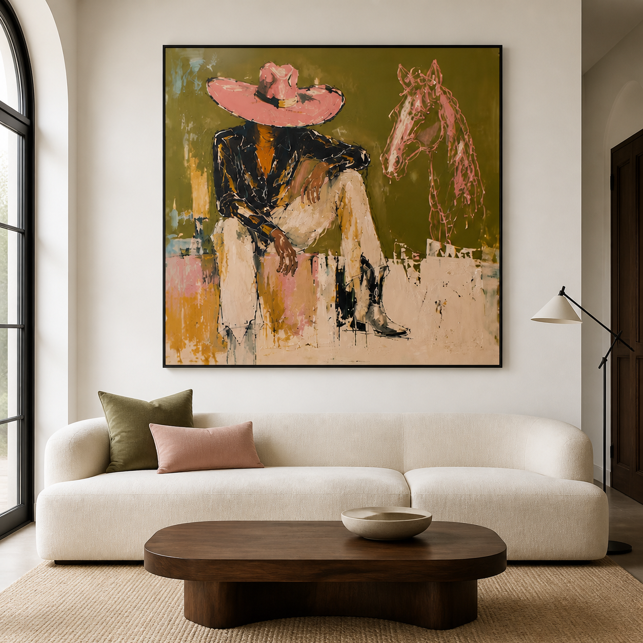 Desert Mirage - Pink Cowboy Hat & Line Art Horse Painting