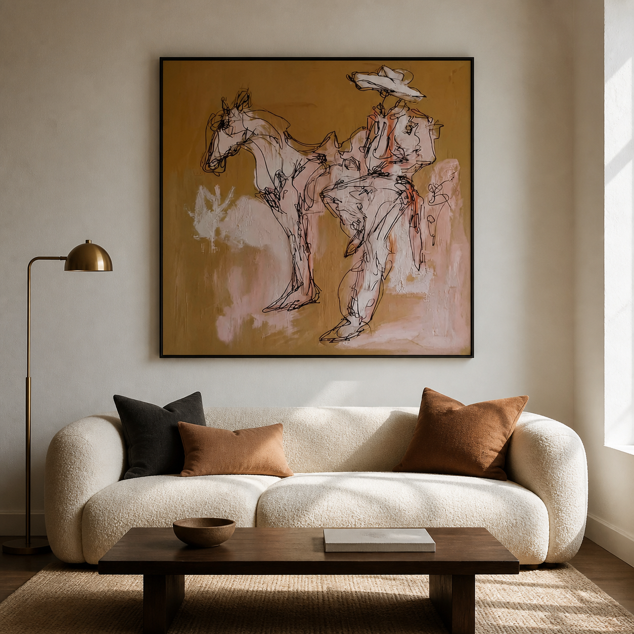 Wild Sketch - Abstract Ochre Horse & Cowboy Painting