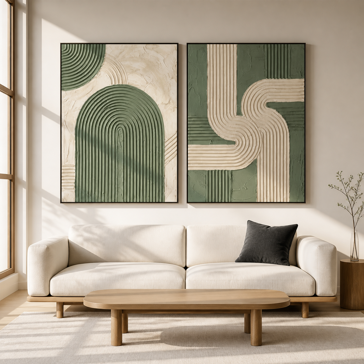 Verdant Curves - Green & Cream Textured Arch Painting Set