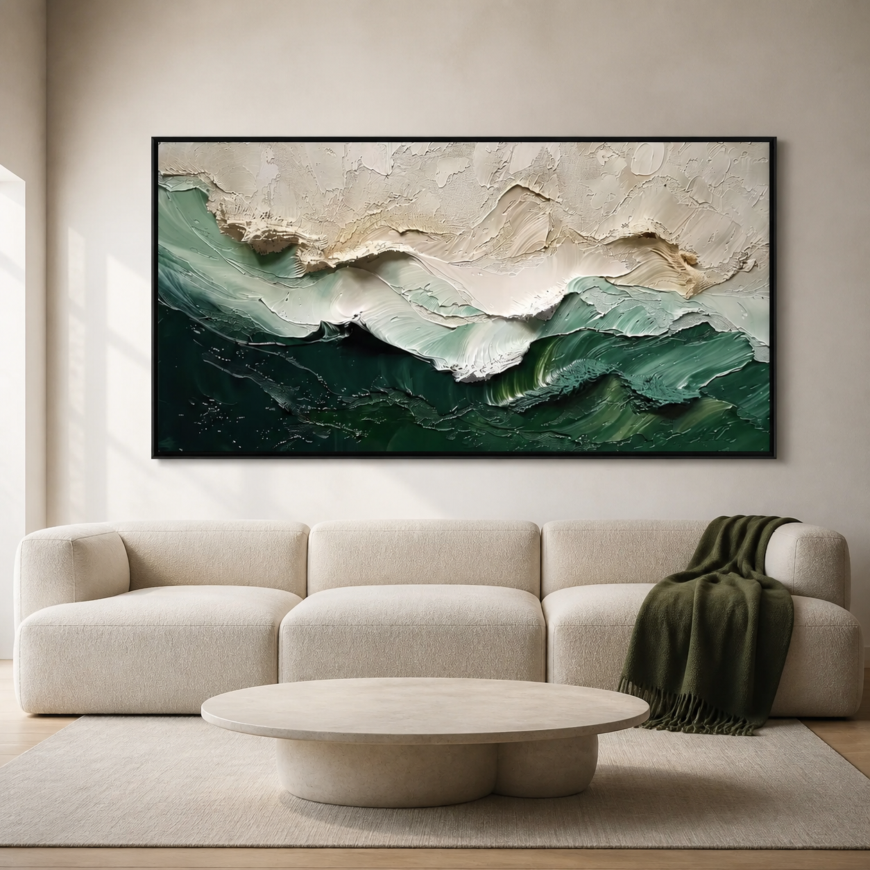 Emerald Tide - Forest Green & Cream Wave Texture Horizon Painting