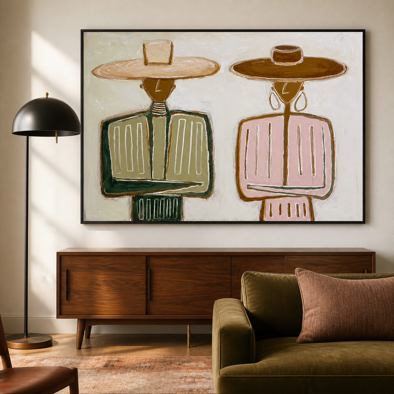 Desert Harmony - Folk Modern Couple in Wide-Brim Hats Canvas Painting