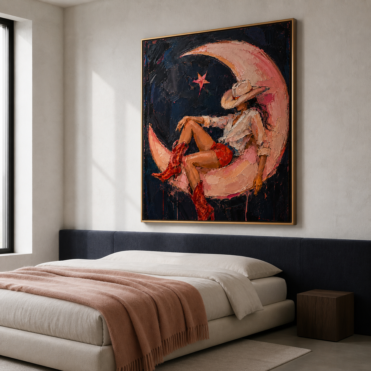 Midnight Crescent Dream - Cowgirl on Crescent Moon Textured Painting