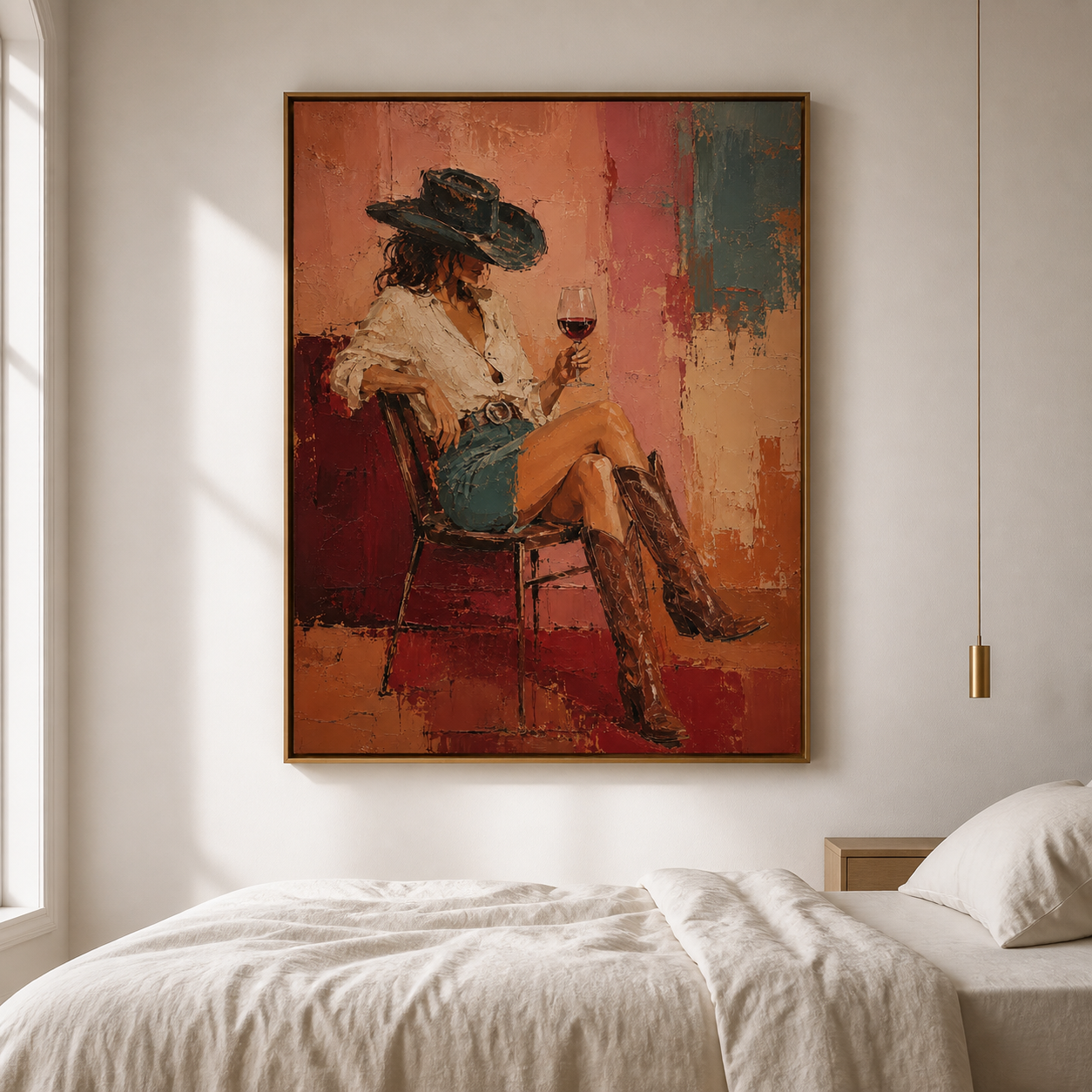 Velvet Twilight - Cowgirl Sipping Wine Textured Painting