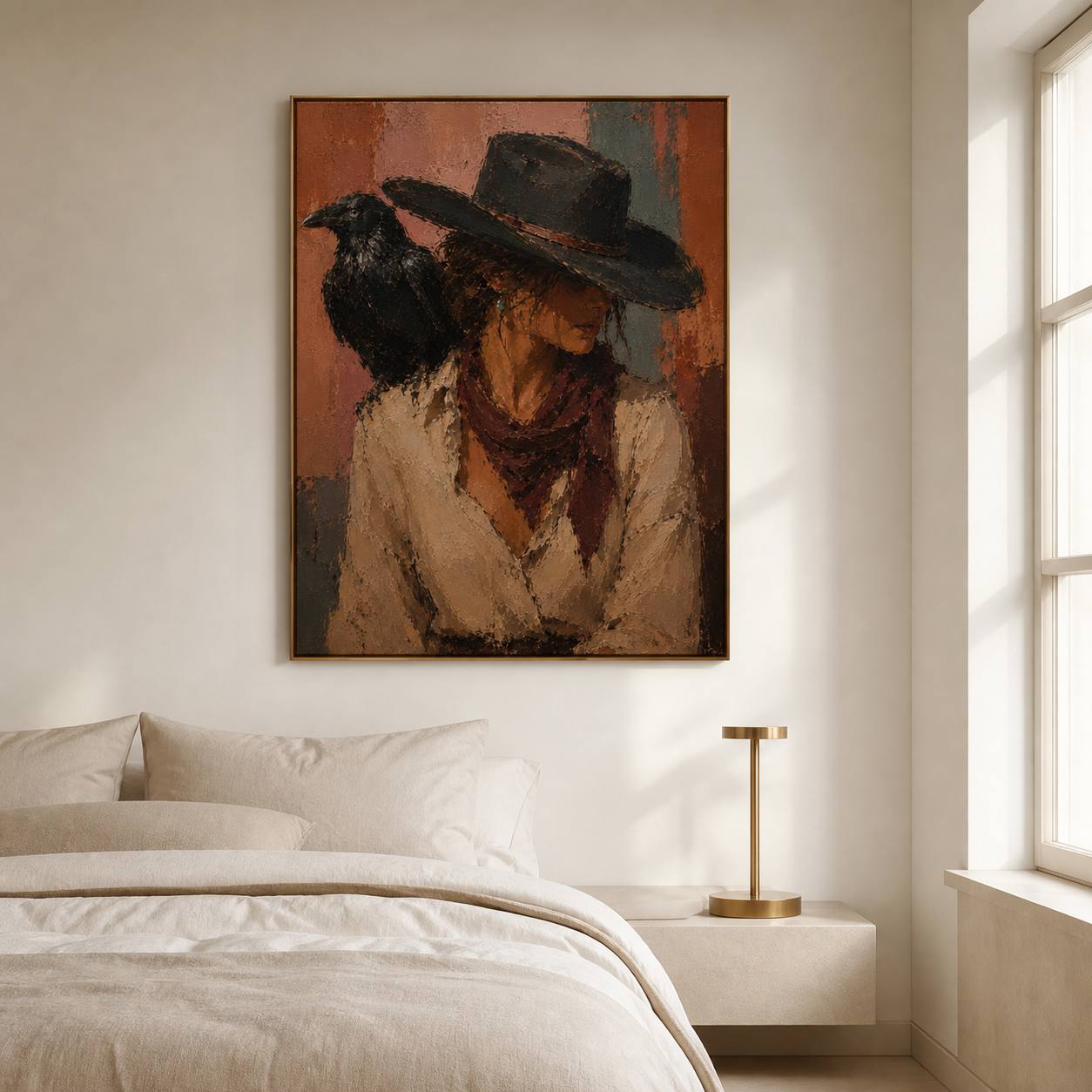 Silent Guardian - Cowgirl Close-Up with Raven Textured Painting