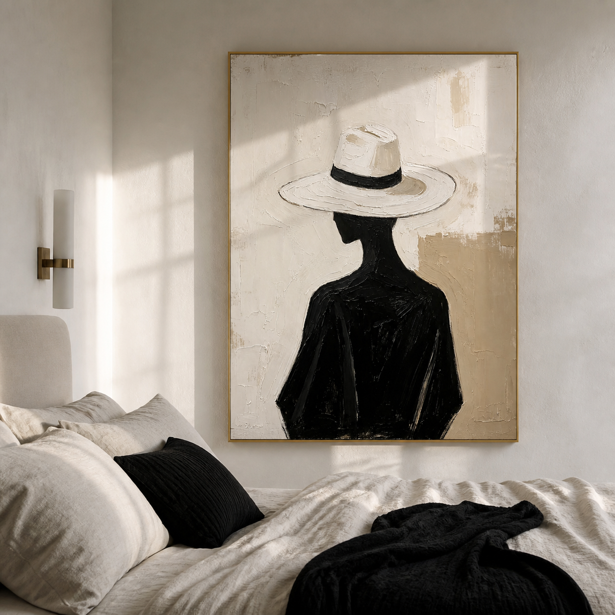 Noir Elegance - Silhouette Woman in White Hat Textured Painting