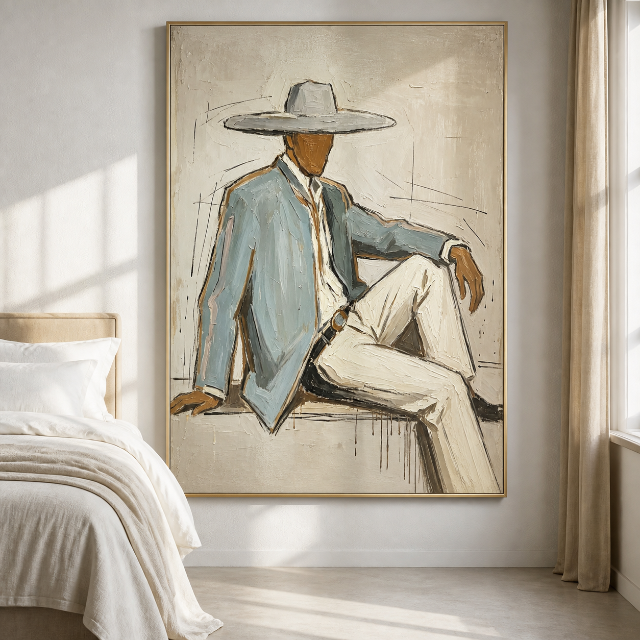 Casual Sophistication - Seated Gentleman in Wide Hat Textured Painting