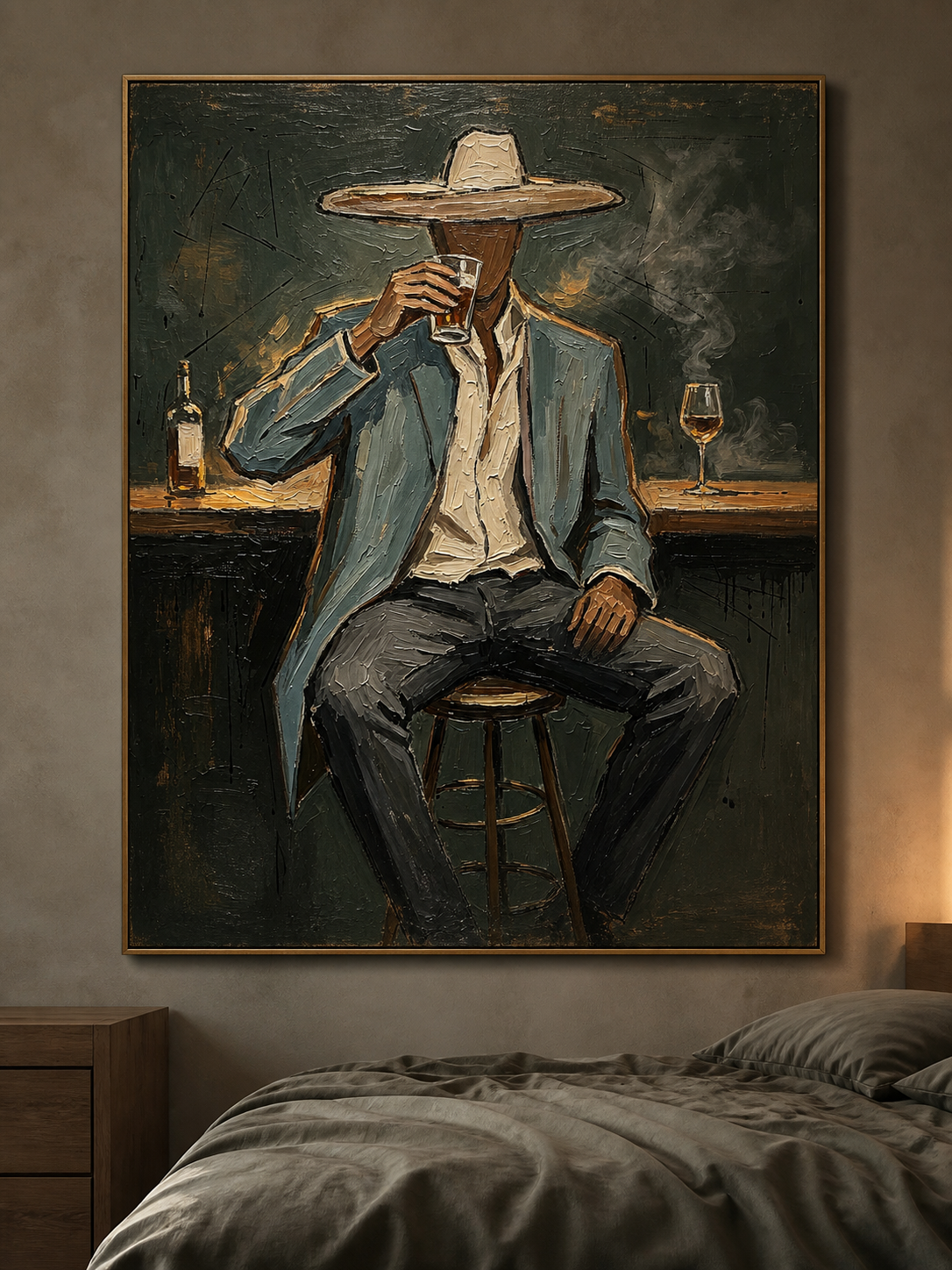 Speakeasy Solitude - Gentleman Drinking at Bar Textured Painting