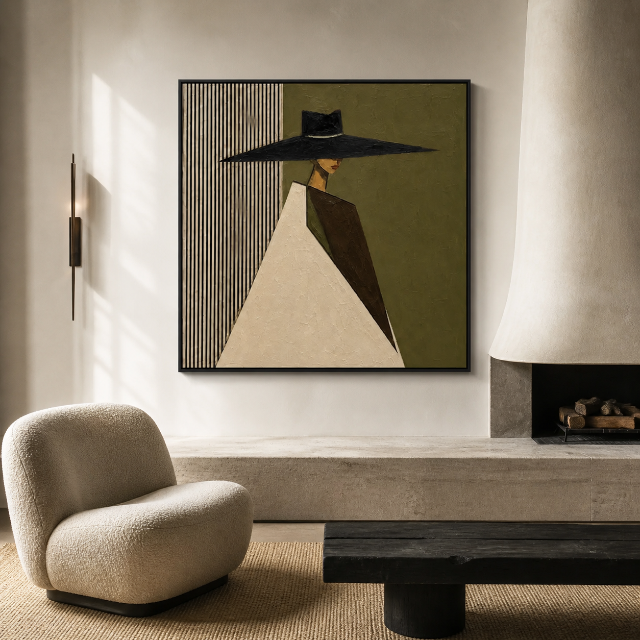 Garde Silhouette - Geometric Fluted & Black Hat Elegance Oil Painting