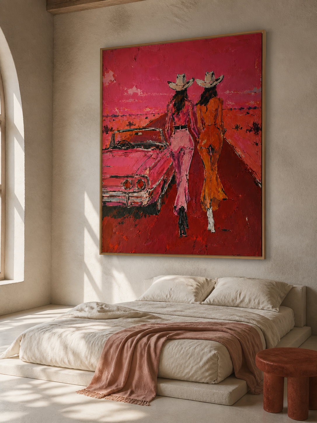 Crimson Highway Escapade - Two Cowgirls & Vintage Convertible Textured Painting