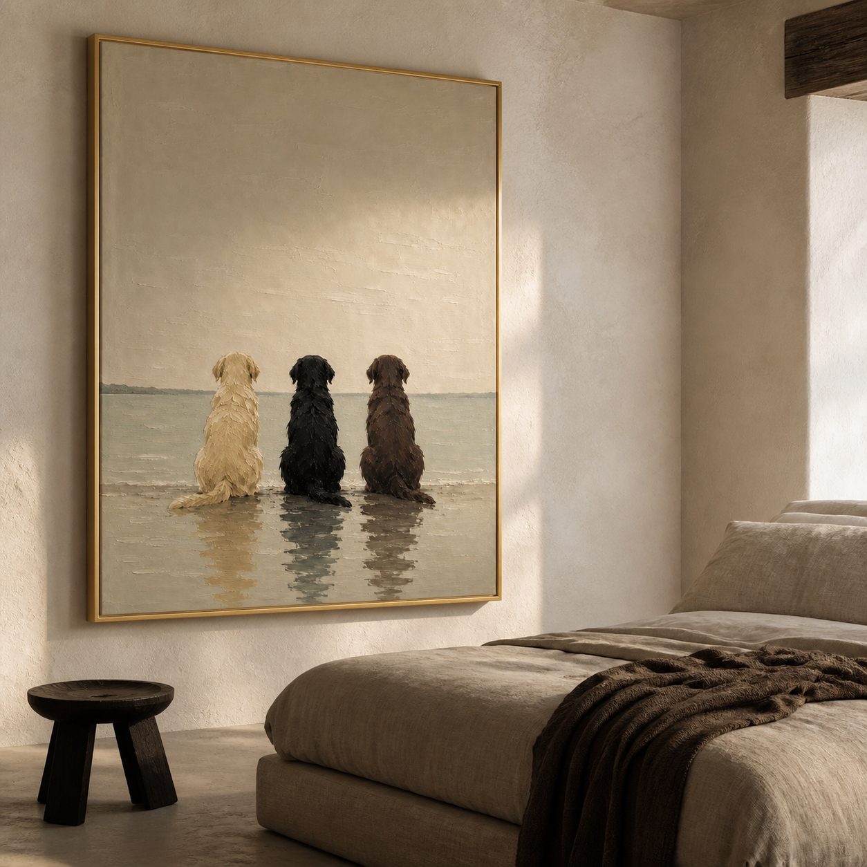 Three Faithful Friends - Trio Dogs Sitting by the Sea Impasto Canvas