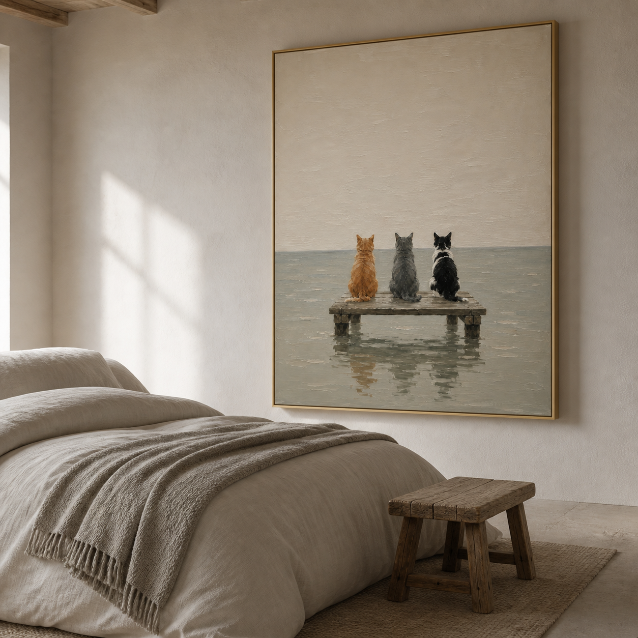 Coastal Watchers - Three Cats on Wooden Pier Canvas