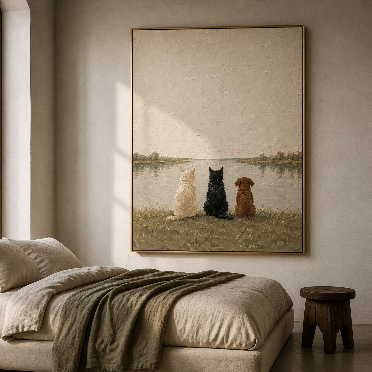 Lakeside Serenity - Trio Pet Backs on Grassy Shore Canvas