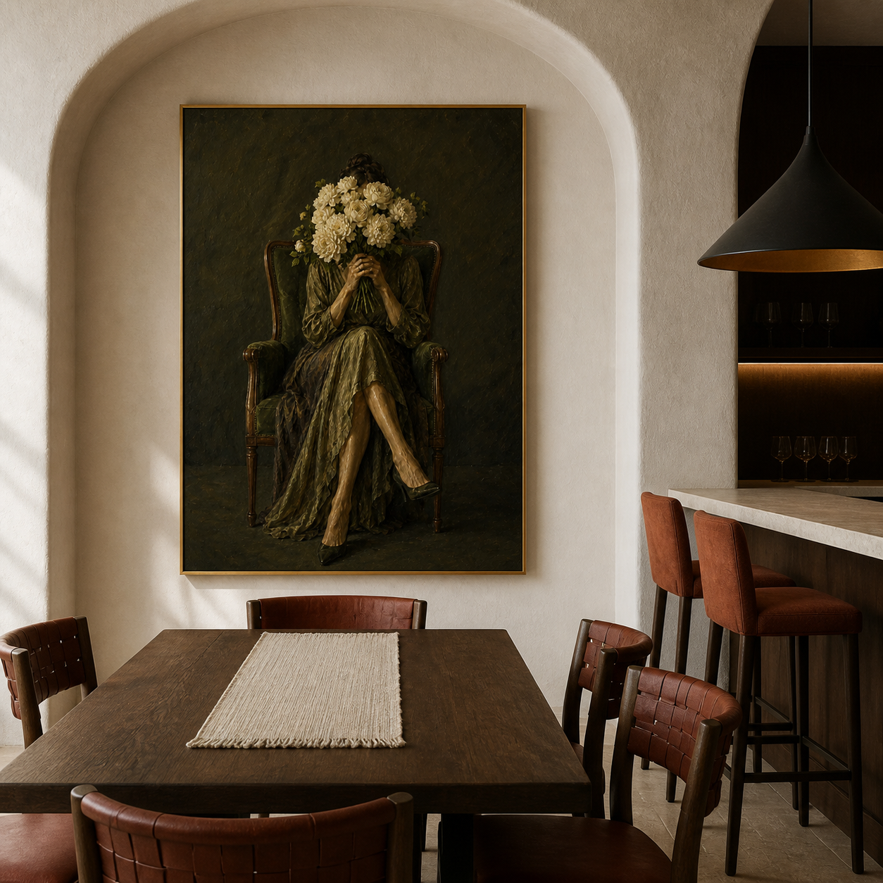Velvet Reverie - Dark Olive Moody Floral Portrait Canvas Wall Art