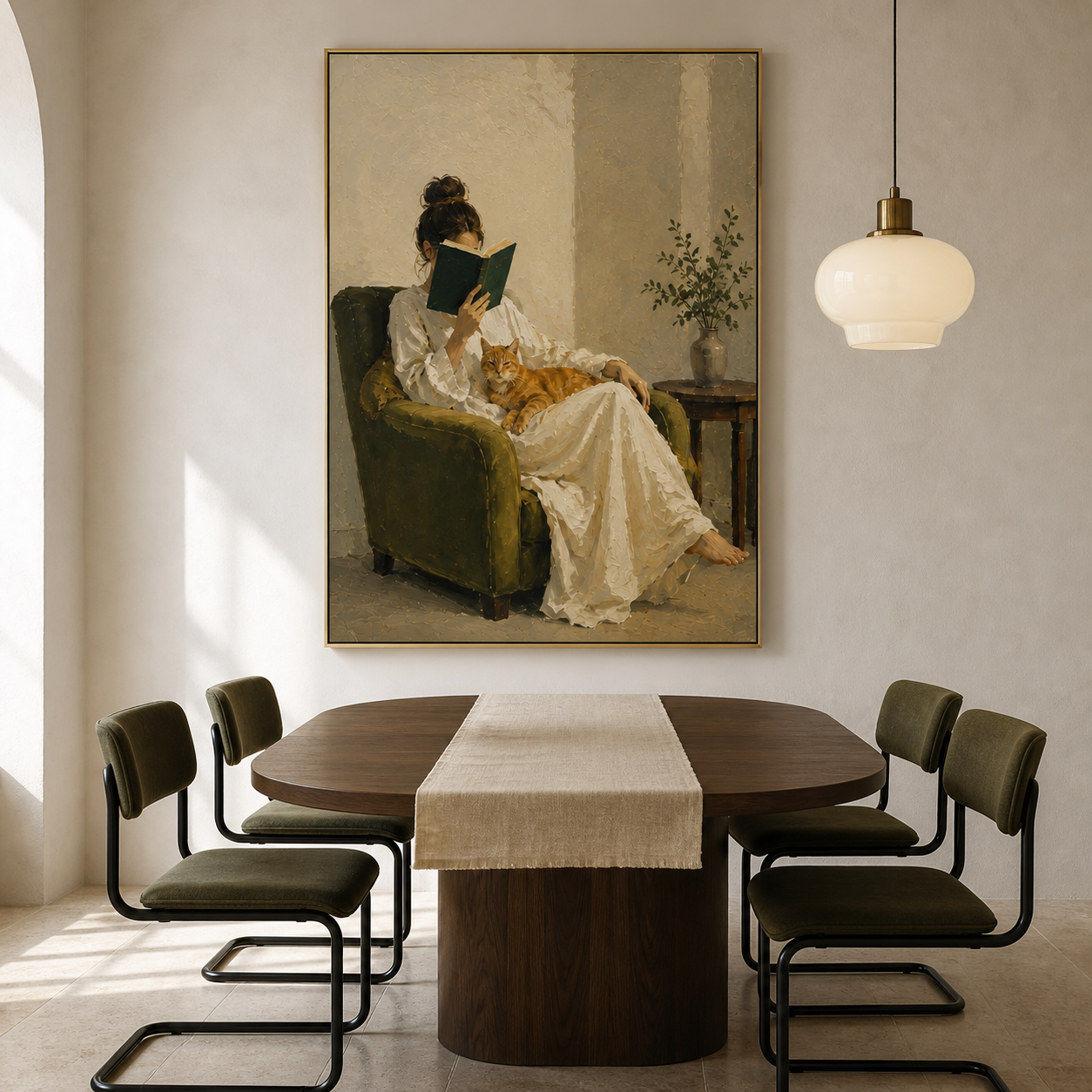 Quiet Afternoon - Woman Reading with Orange Cat Impasto Canvas Wall Art