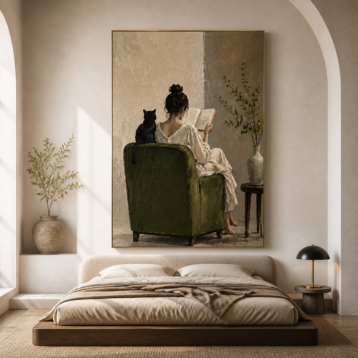 Cozy Nook - Woman Reading in Green Chair with Black Cat Canvas