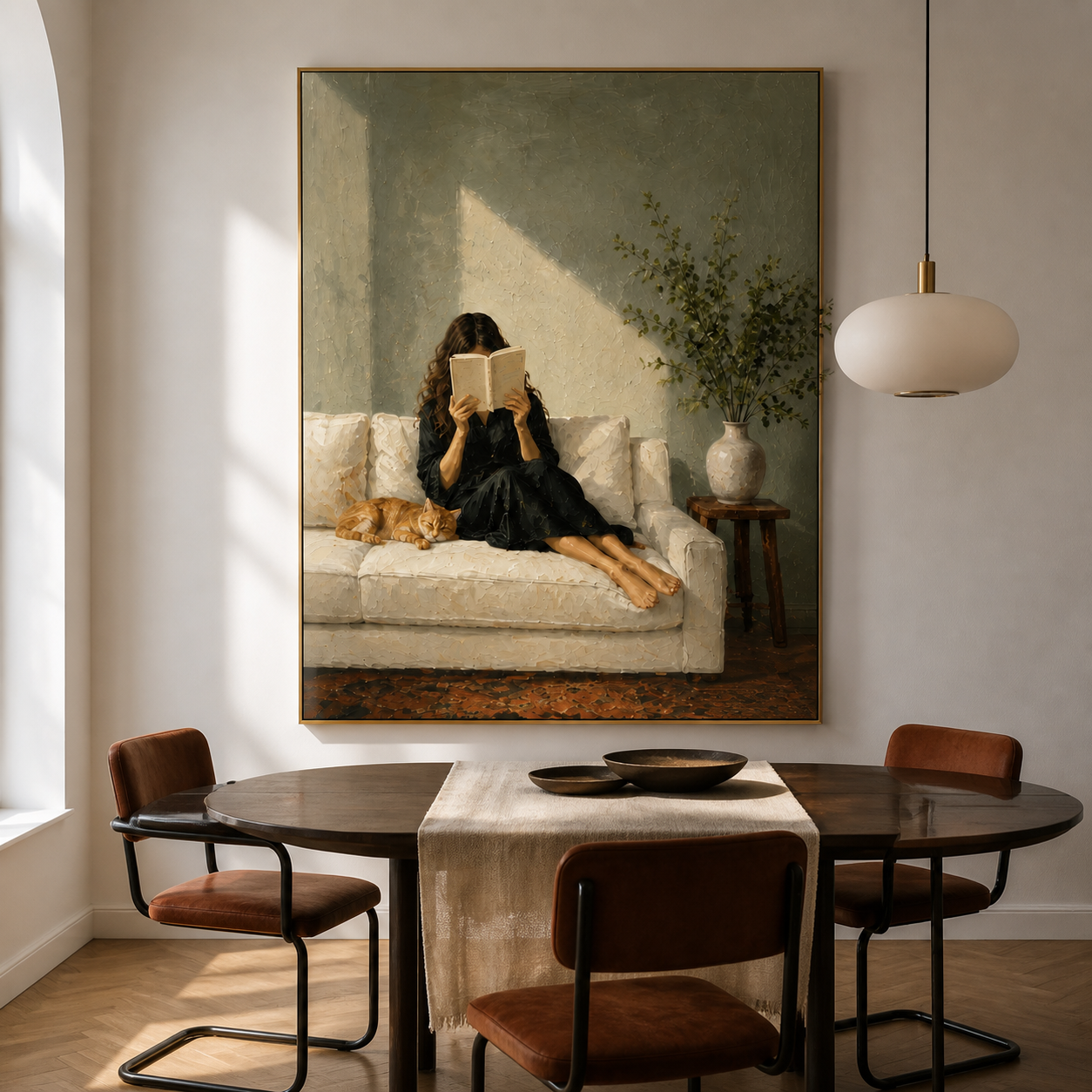 Warm Sunbeam - Woman Reading on Sofa with Sleeping Ginger Cat Canvas