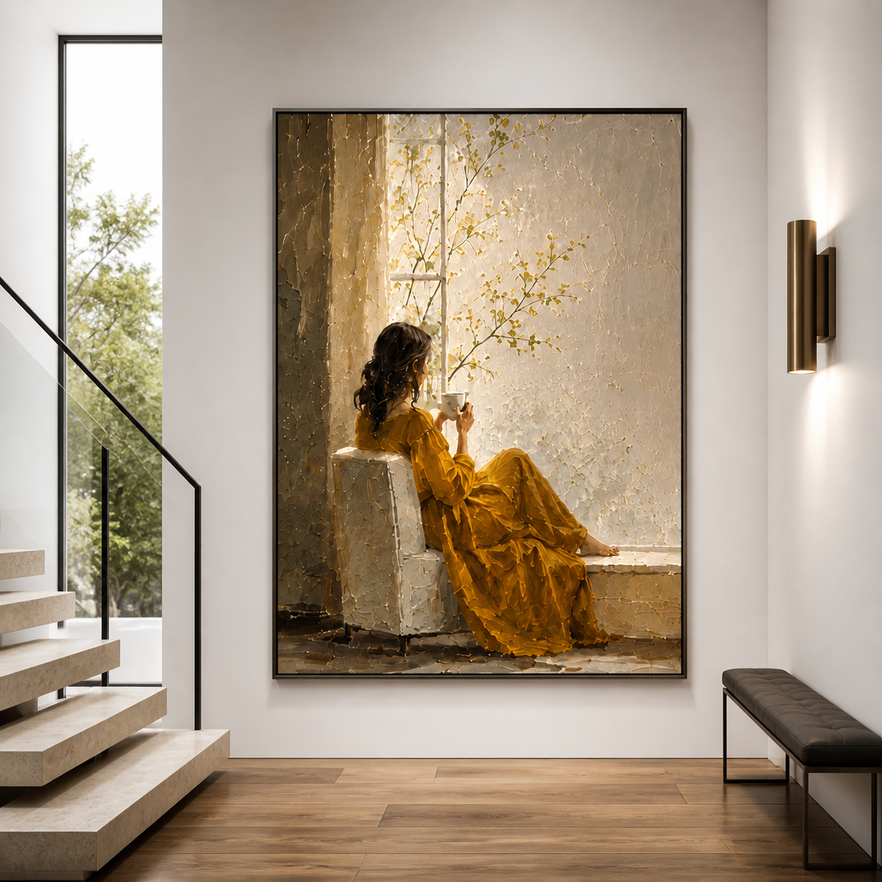 Morning Glow - Woman in Yellow Dress Drinking Tea by Window Canvas