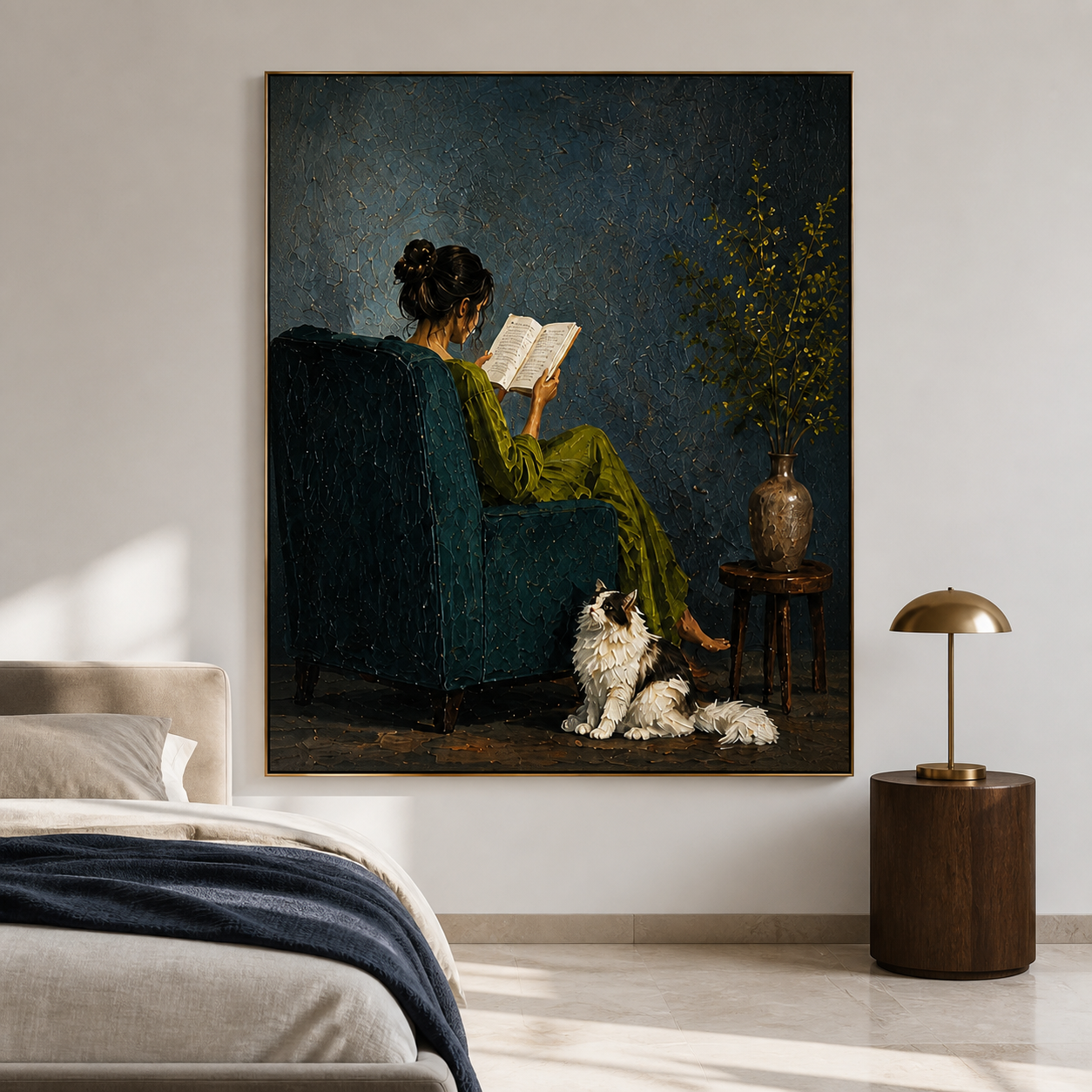 Quiet Harmony - Woman in Green Dress with Fluffy Cat Impasto Canvas